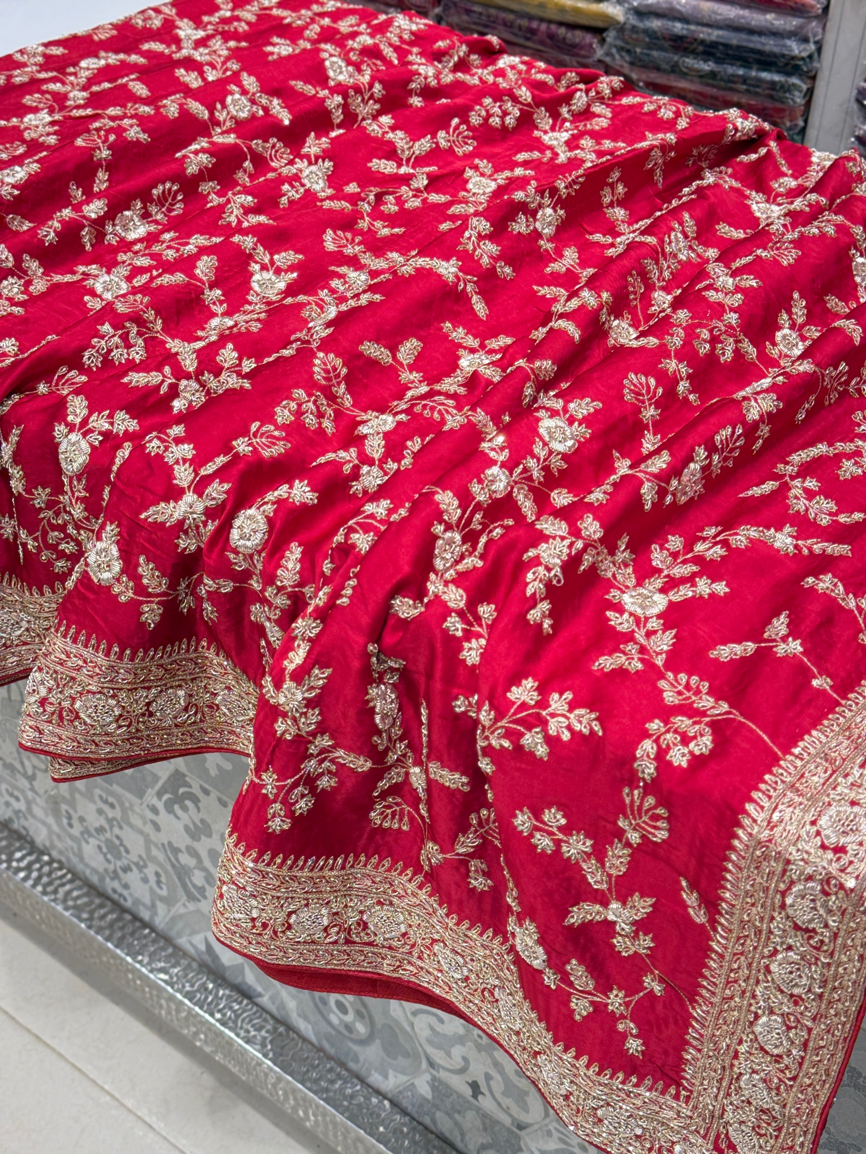 Red Hand Embroidery Mughal Jaal Pure Satin Zardosi Embroidery