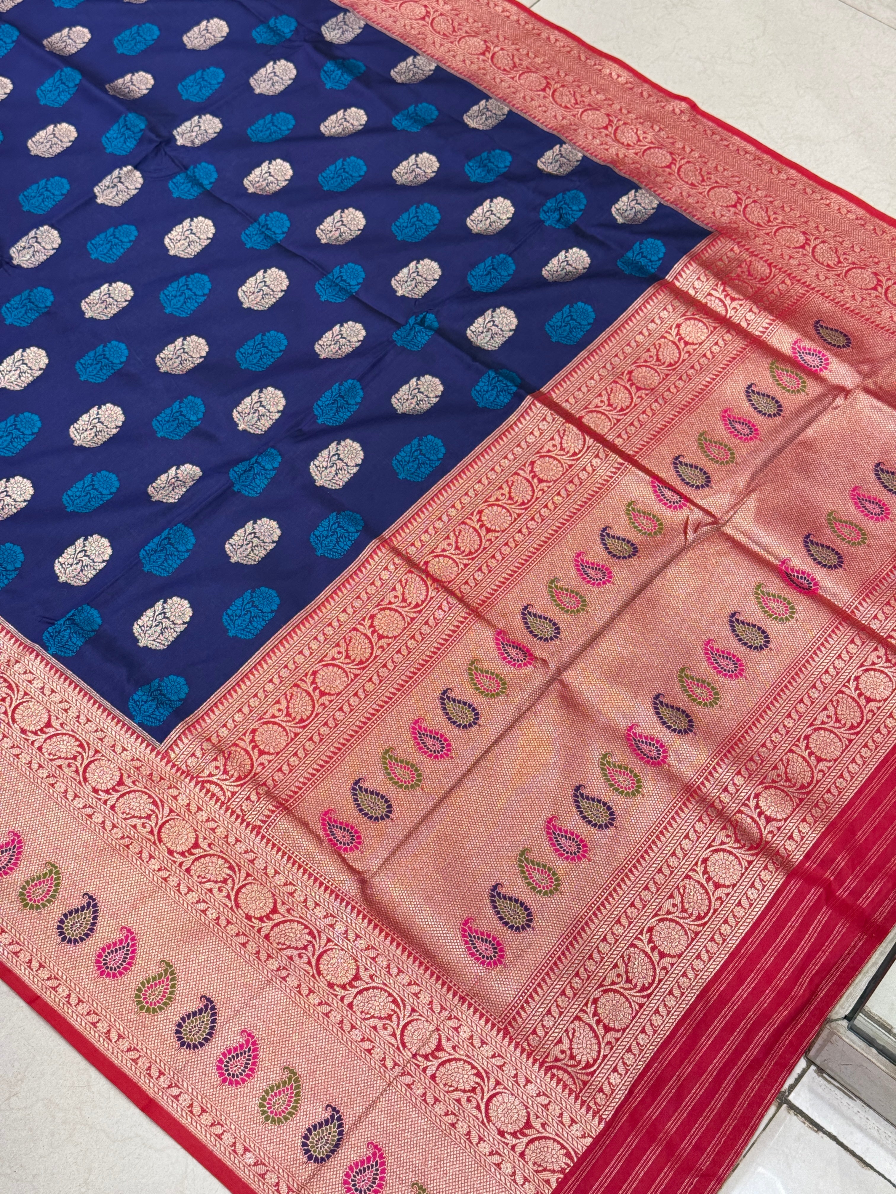 Blue Sunflower Butta Banarasi Silk Saree