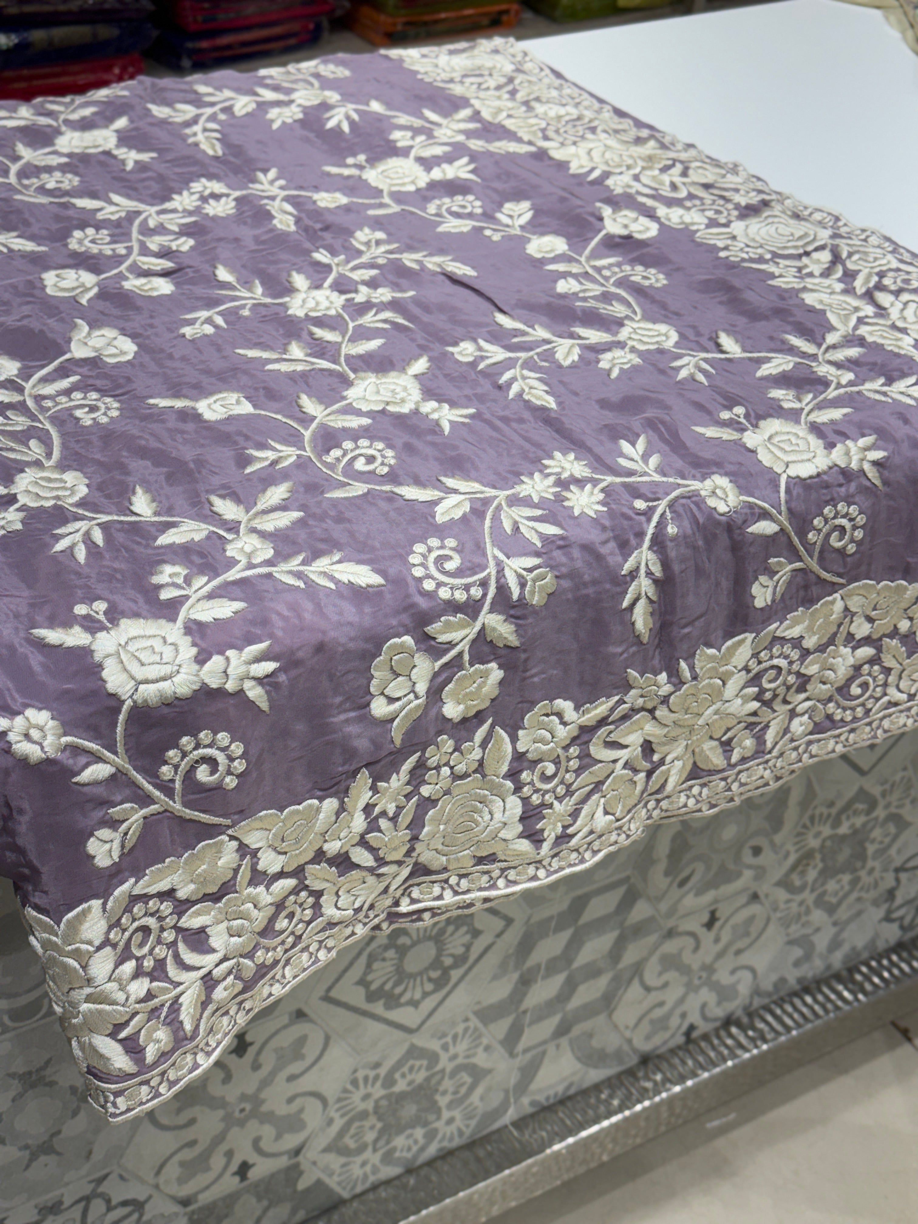 Lilac Crepe Floral Parsi Gara Saree