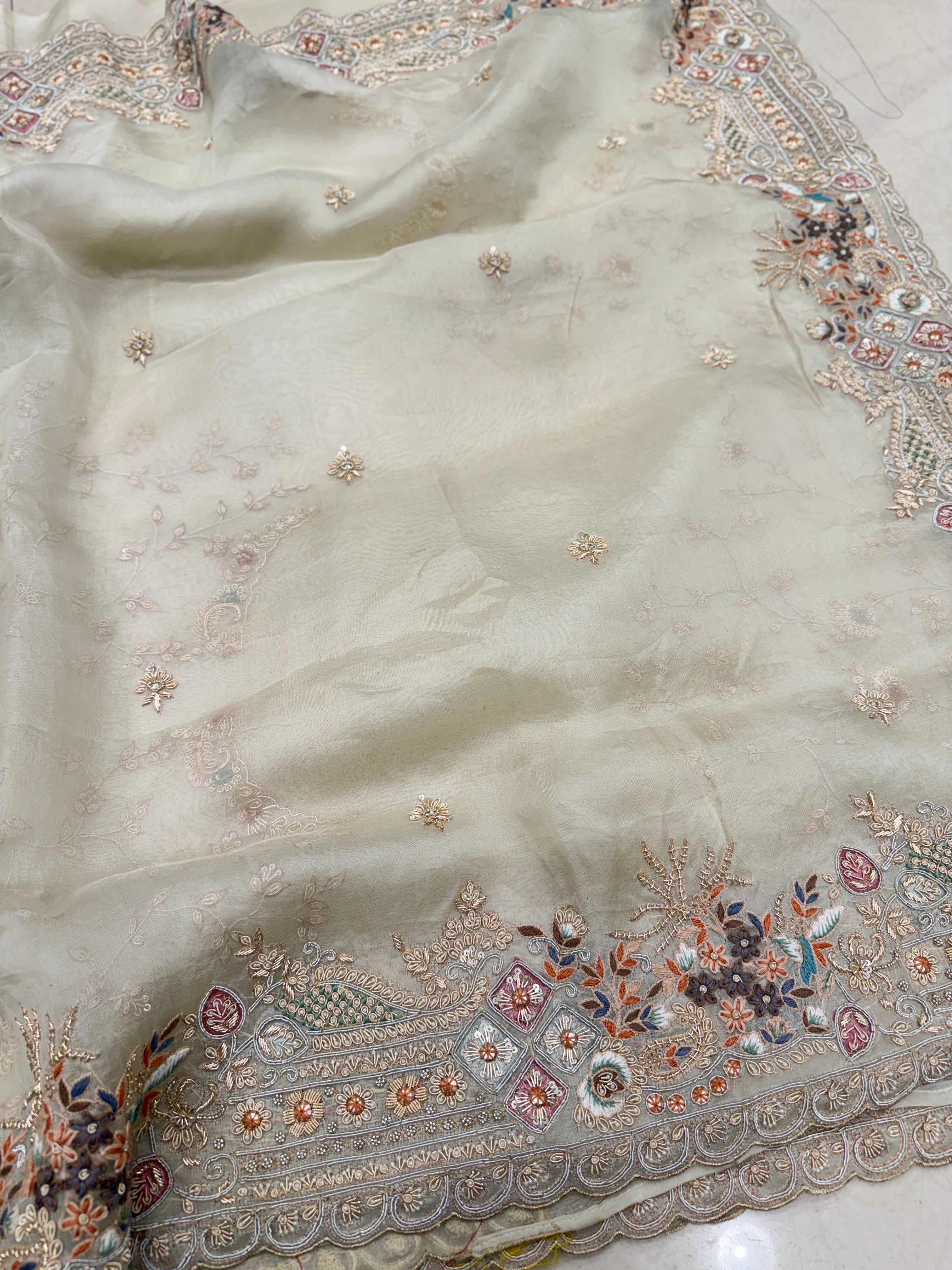 Moti White Organza Border Zardosi Resham Hand Embroidery Saree