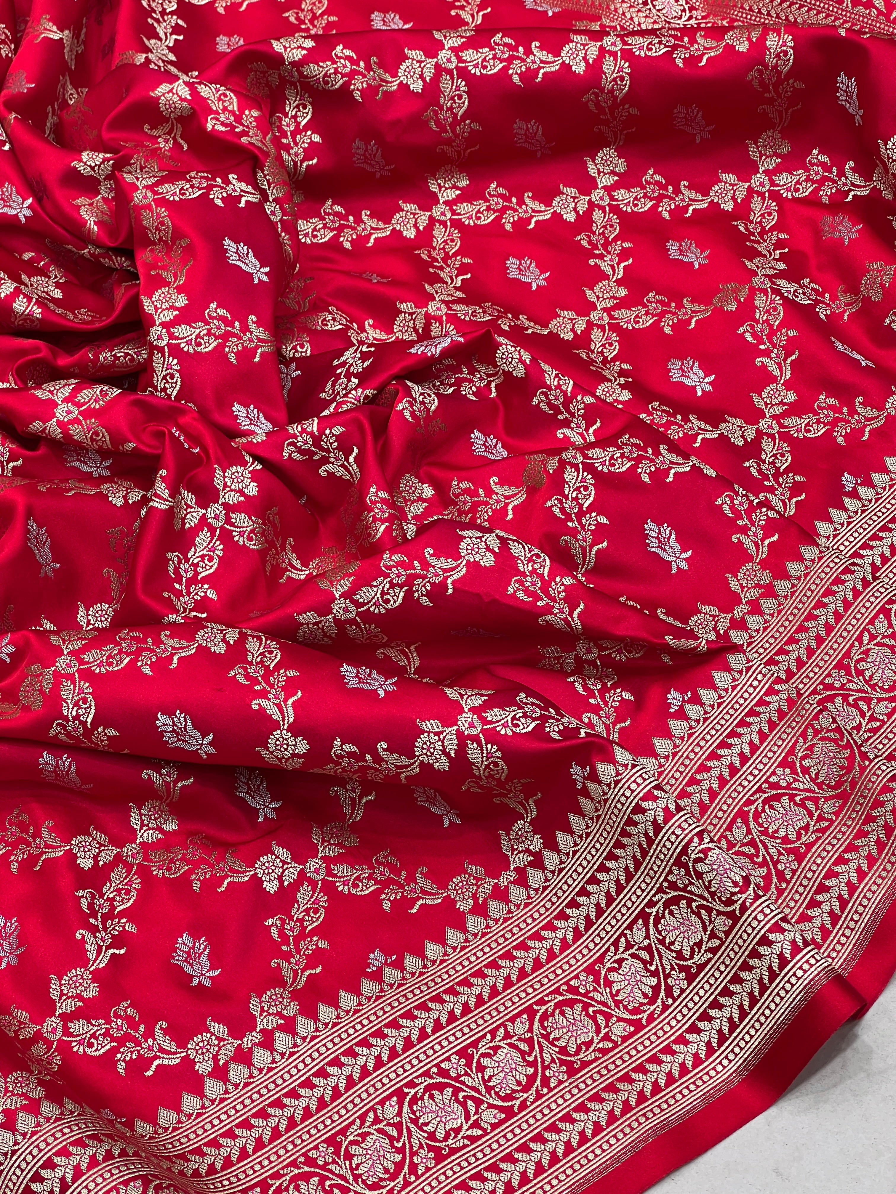 Red Banarasi Silk Criss Cross Butti Saree