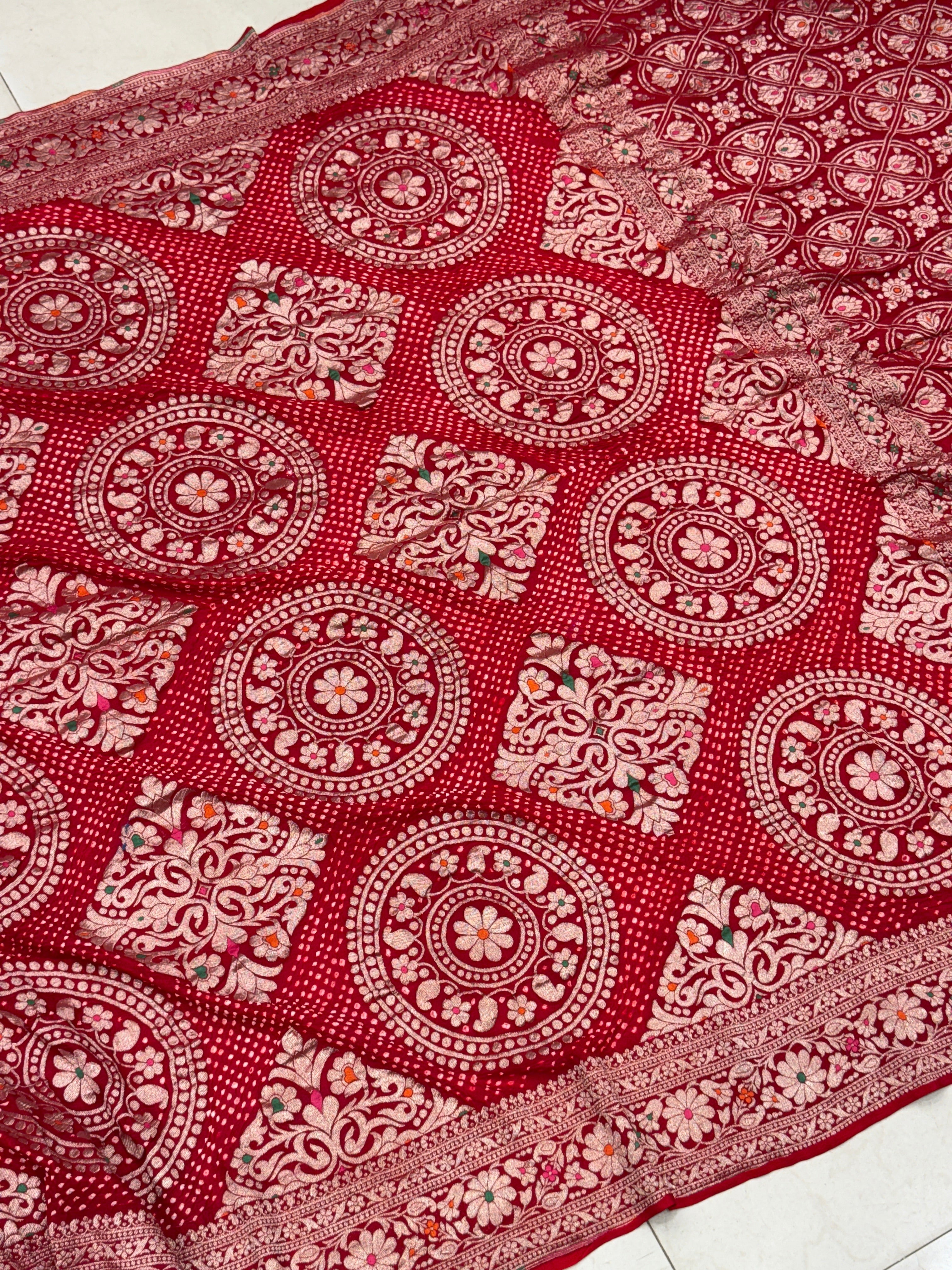 Red Rai Bandhej Weaved Handloom Georgette Saree