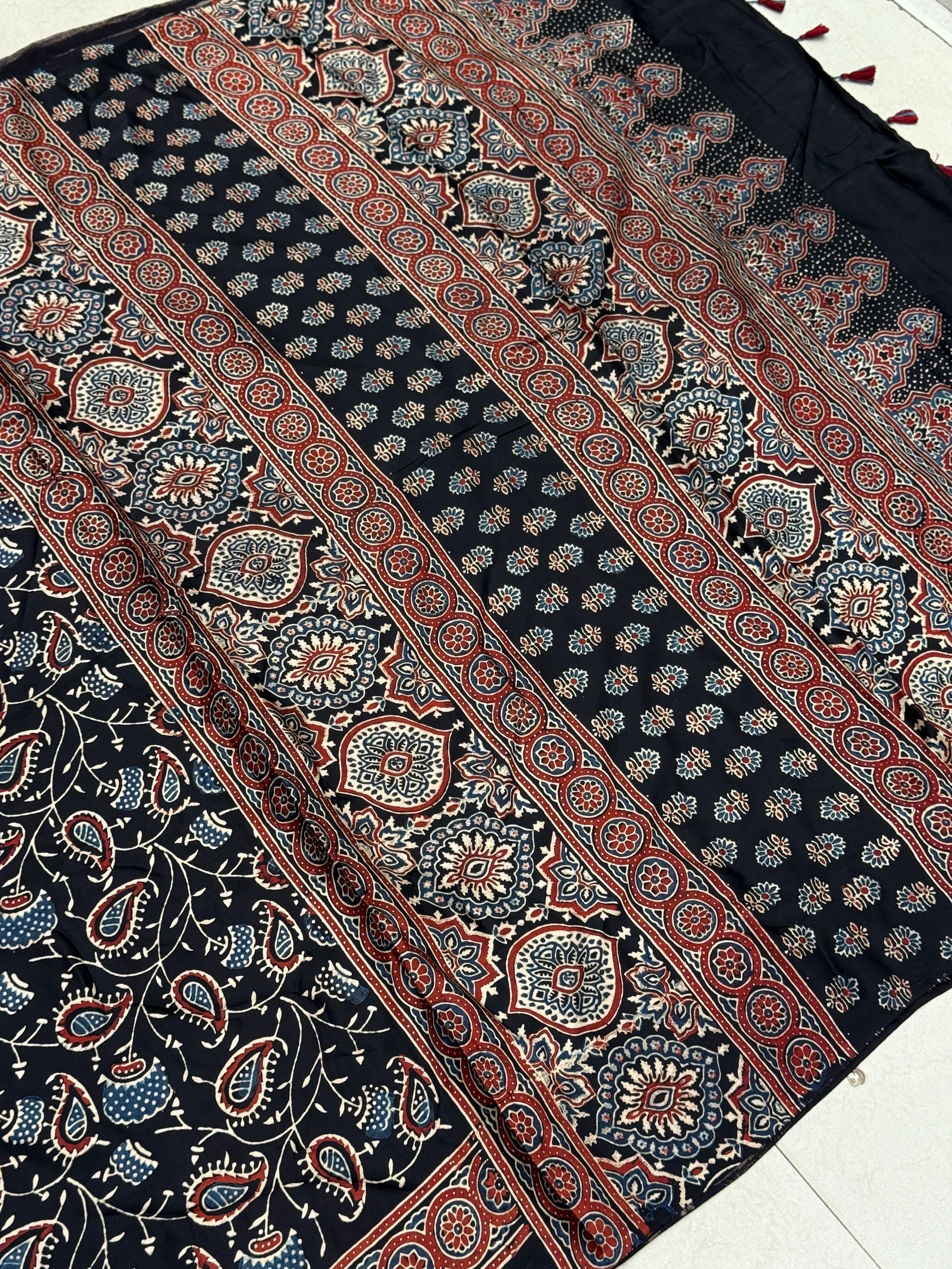 Black Keari Jaal Ajrakh Hand Block Print Pure Gajji Silk Saree