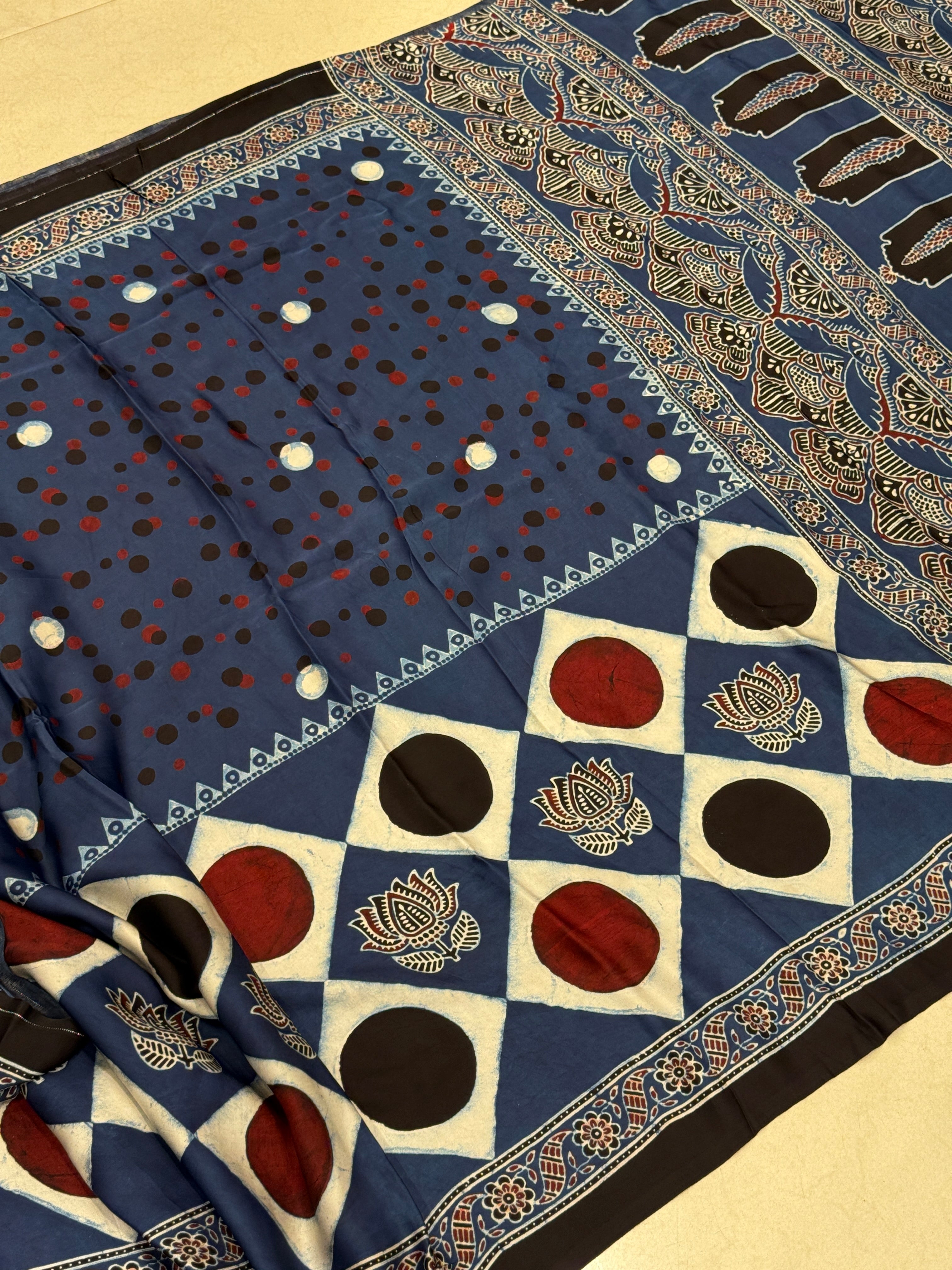 Blue Polka Dots Ajrakh Block Print Hand Pure Gajji Silk Saree