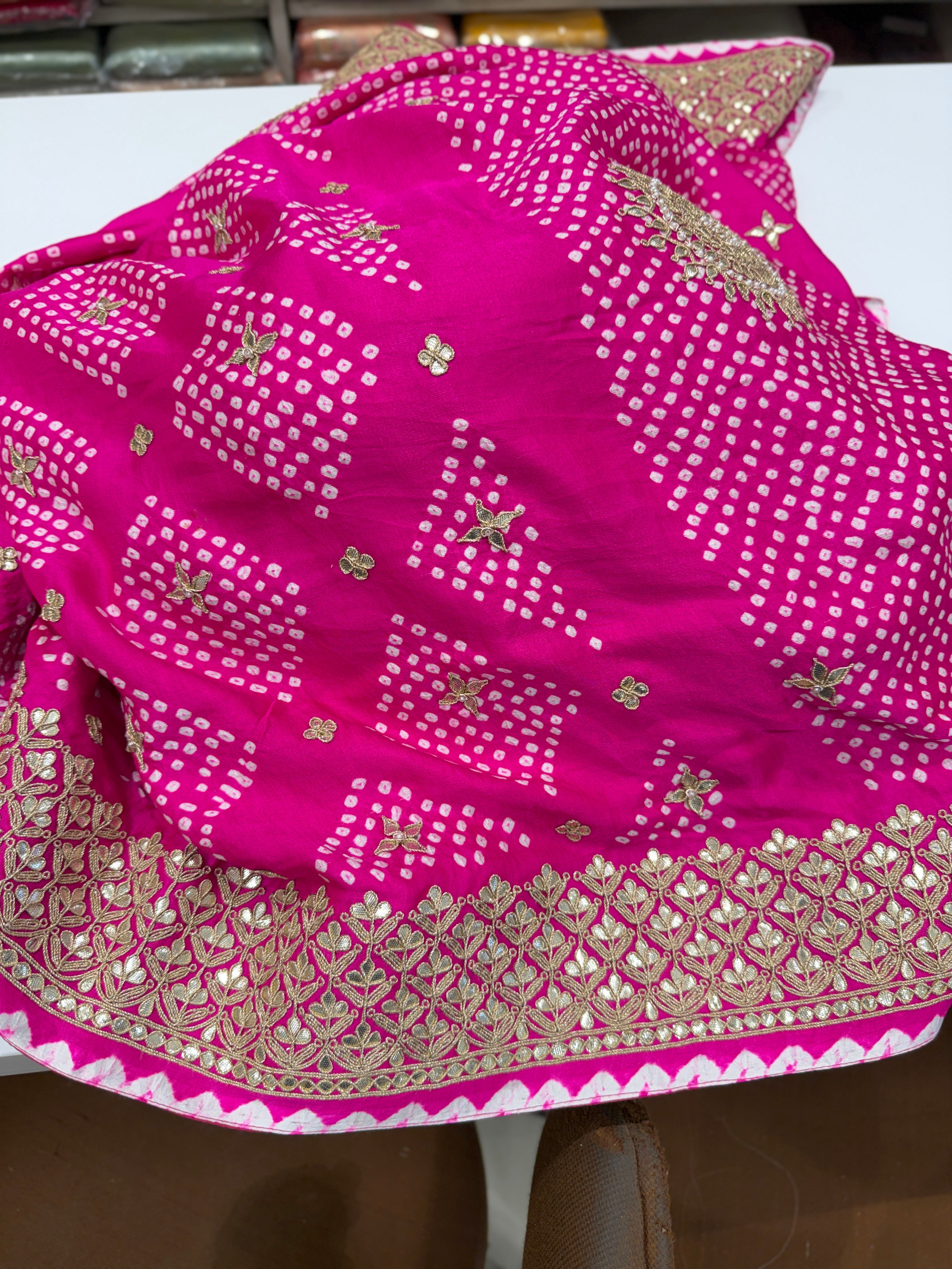 Rani Pink Gajji Silk Rai Bandhej Marodi Hand Embroidery Dabka Saree