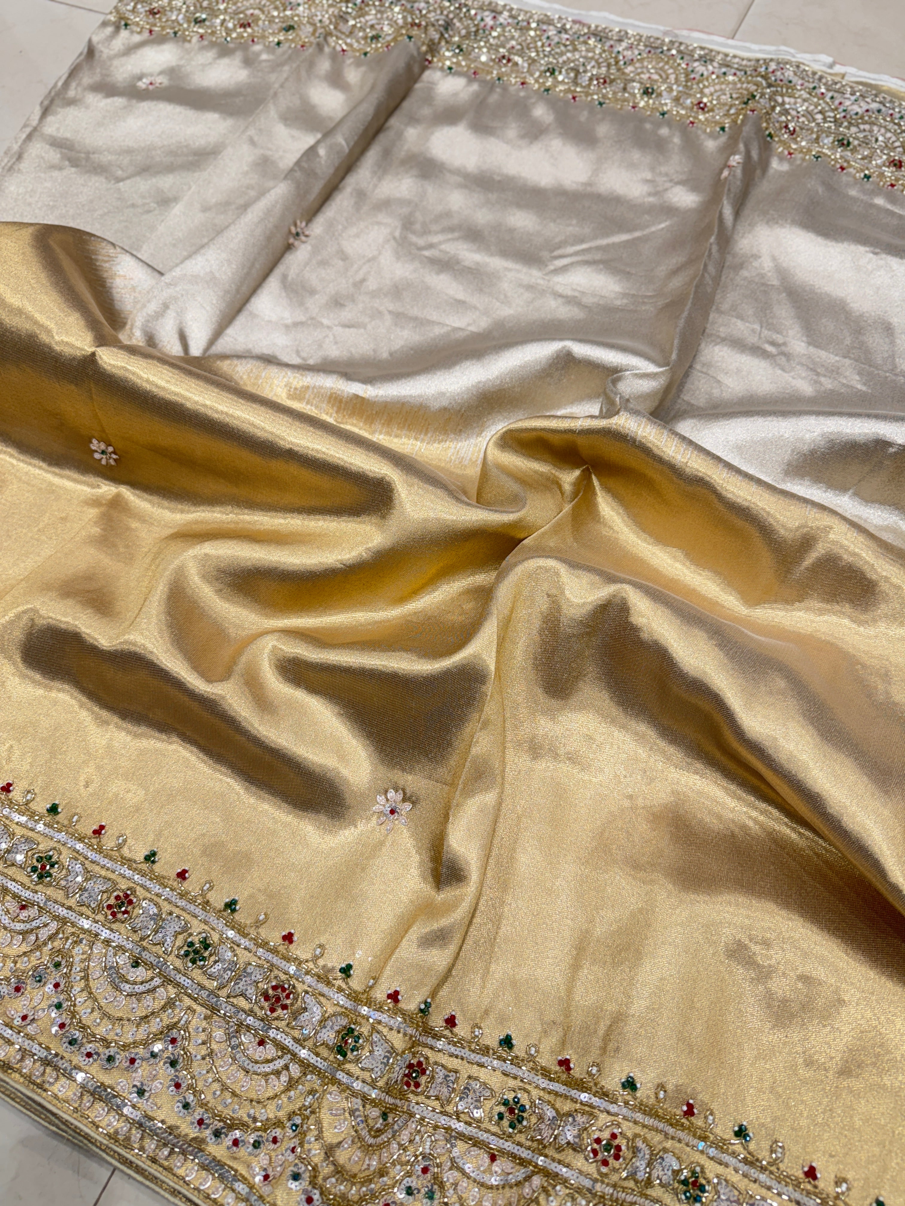 Silver Golden Alia Bhatt Inspired Tissue Embroidery Saree