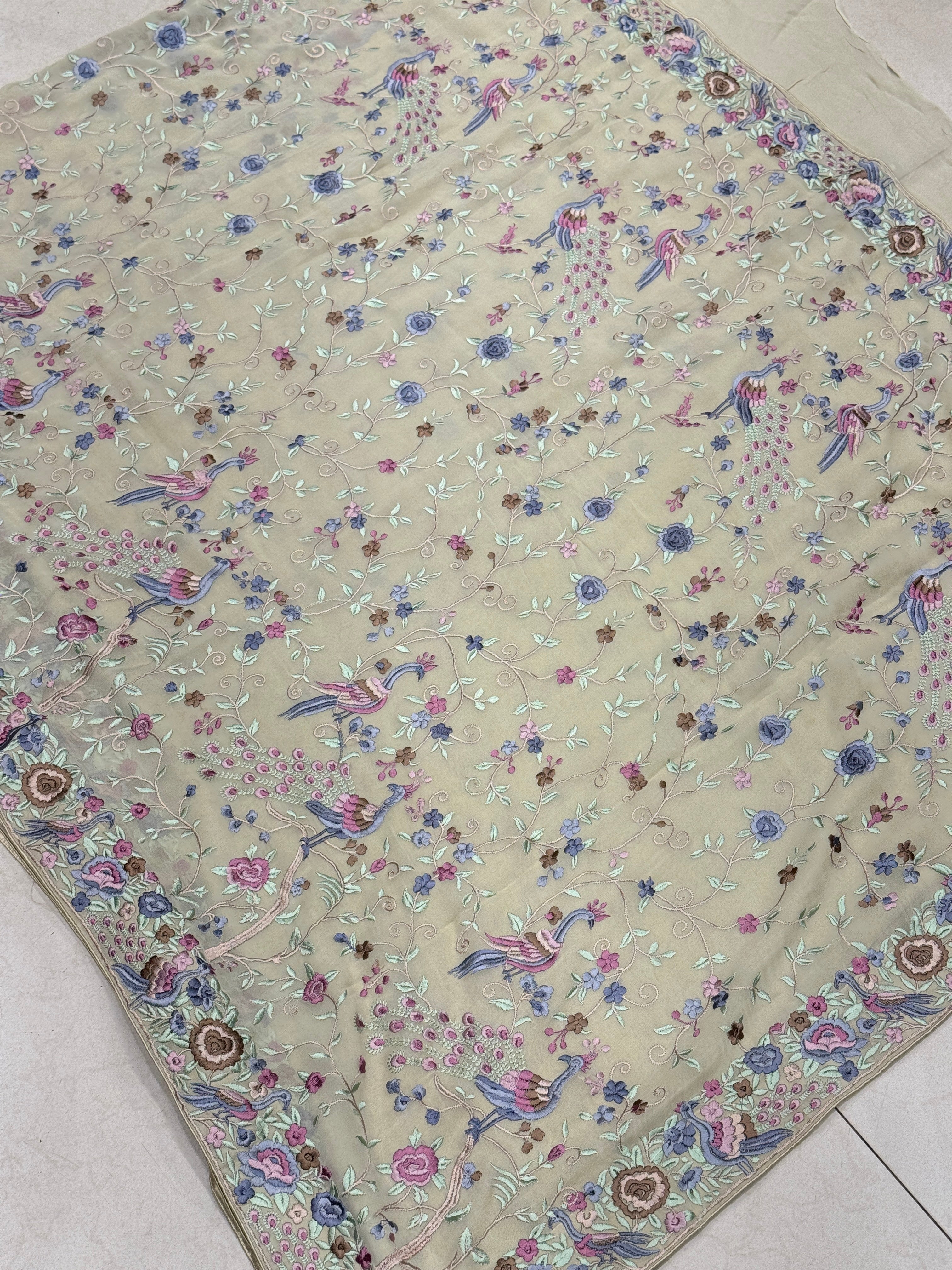 Beige Georgette Parsi Gara Peacock Design Saree