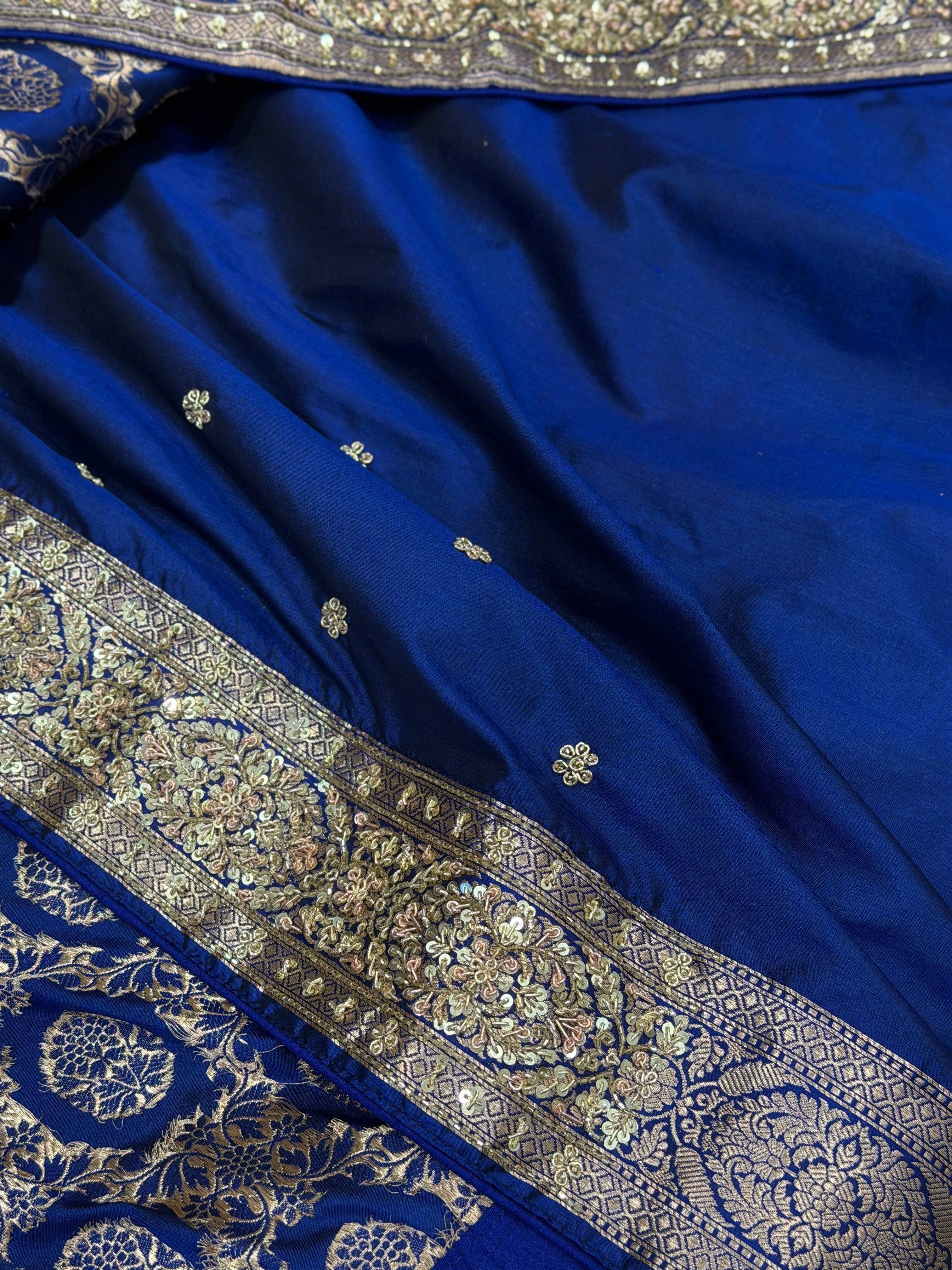 Blue Handloom Banarasi Katan Zardosi Hand Embroidery