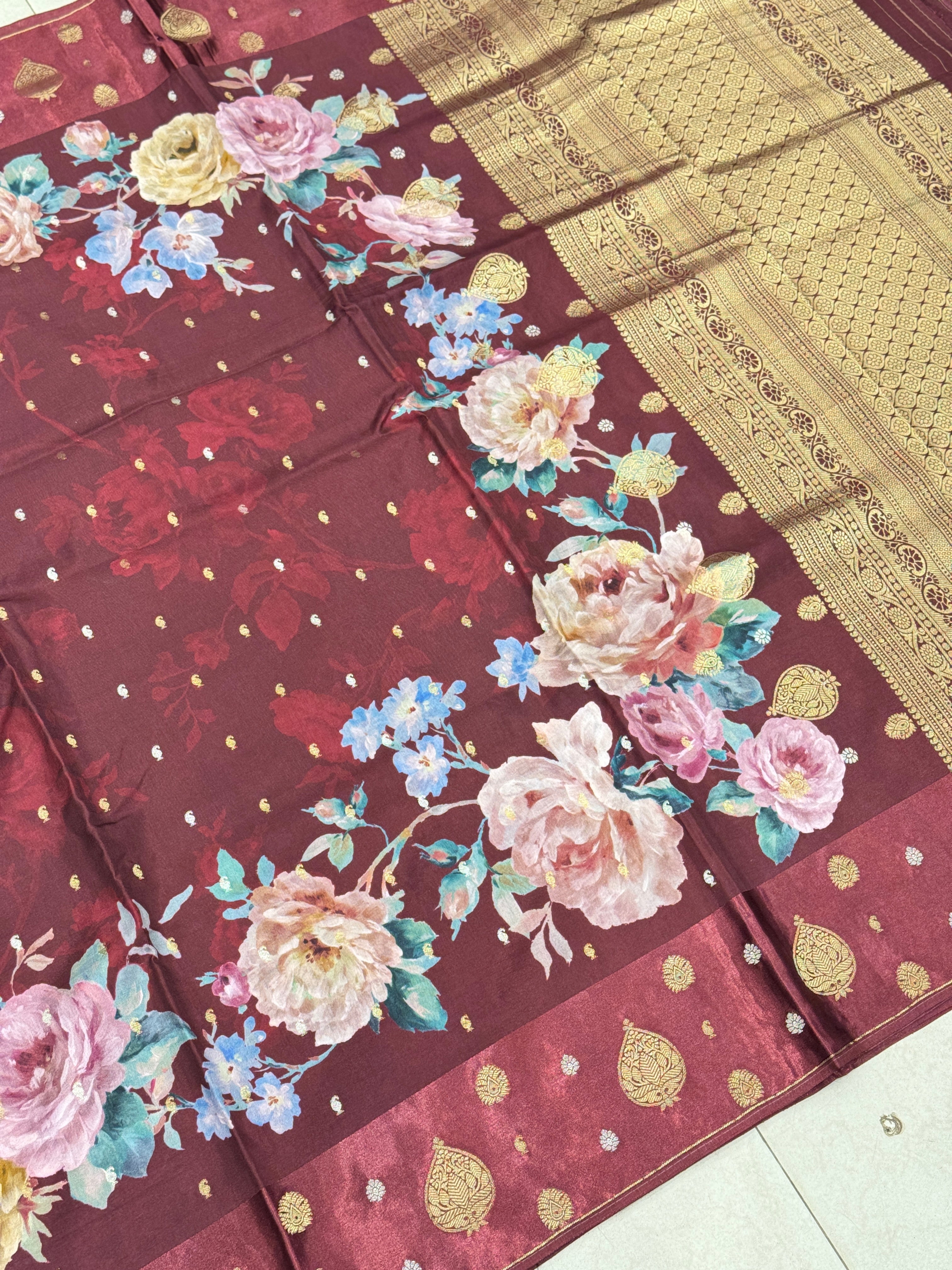 Wine Printed Silk Satin Border Saree