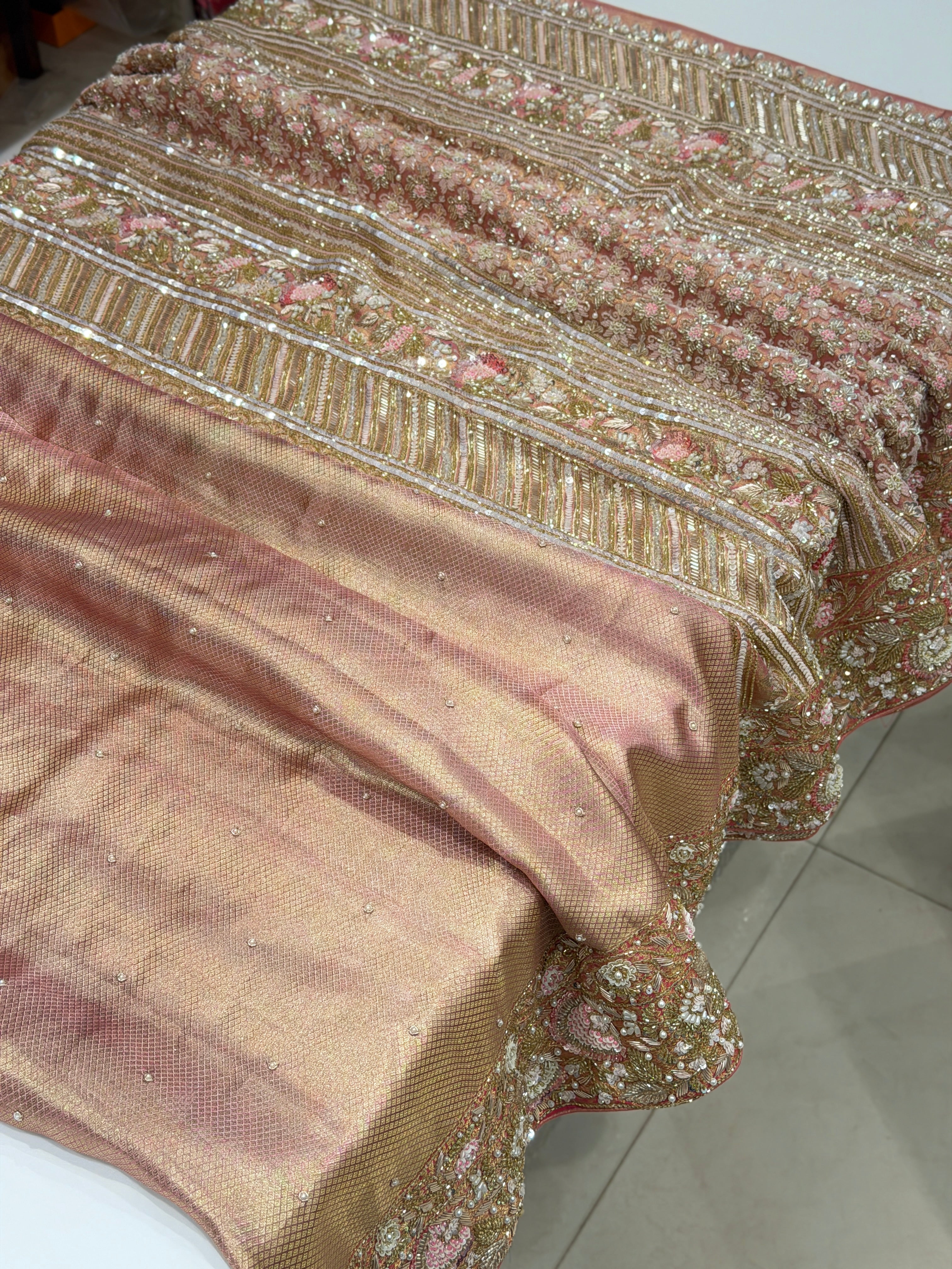 Pink Handloom Kanjivaram Moti Zardosi Hand Embroidery Saree