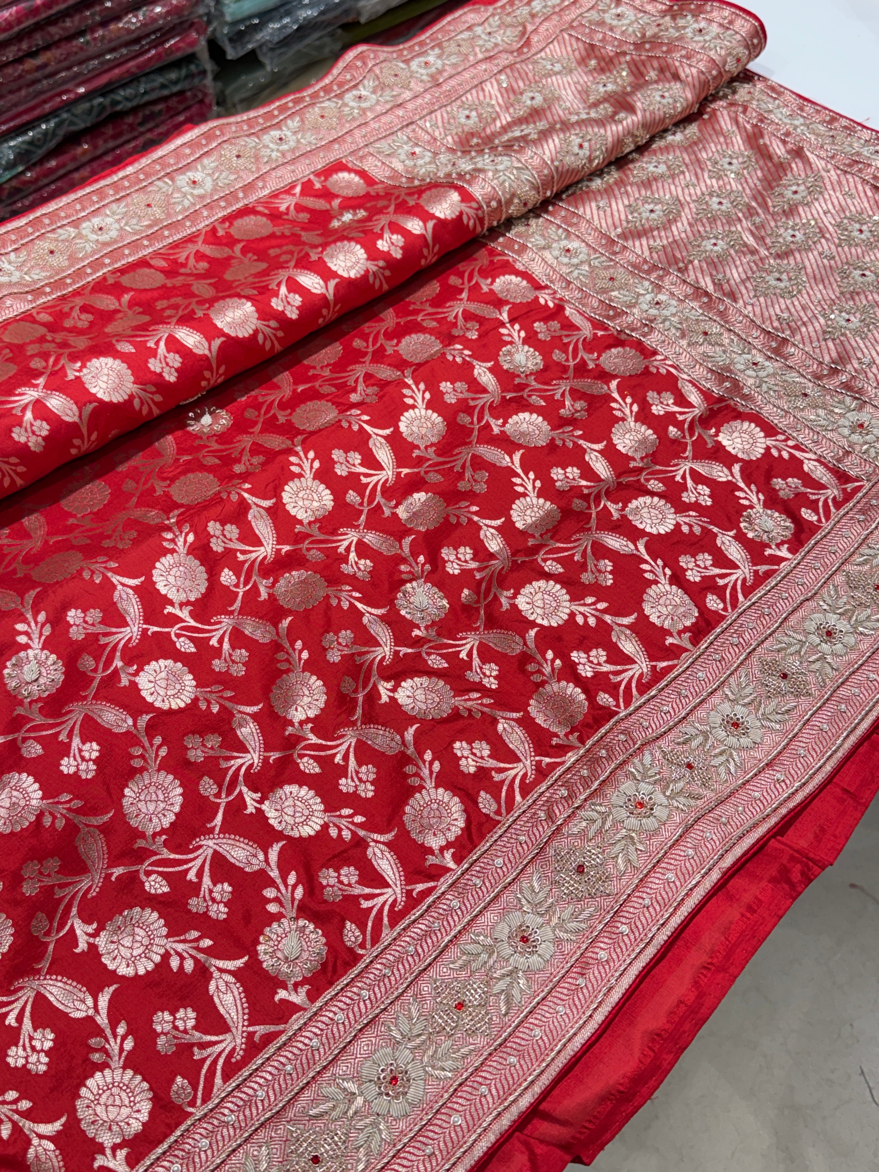 Red Jaal Handloom Banarasi Pure Katan Crystal Zardosi Embroidery Saree