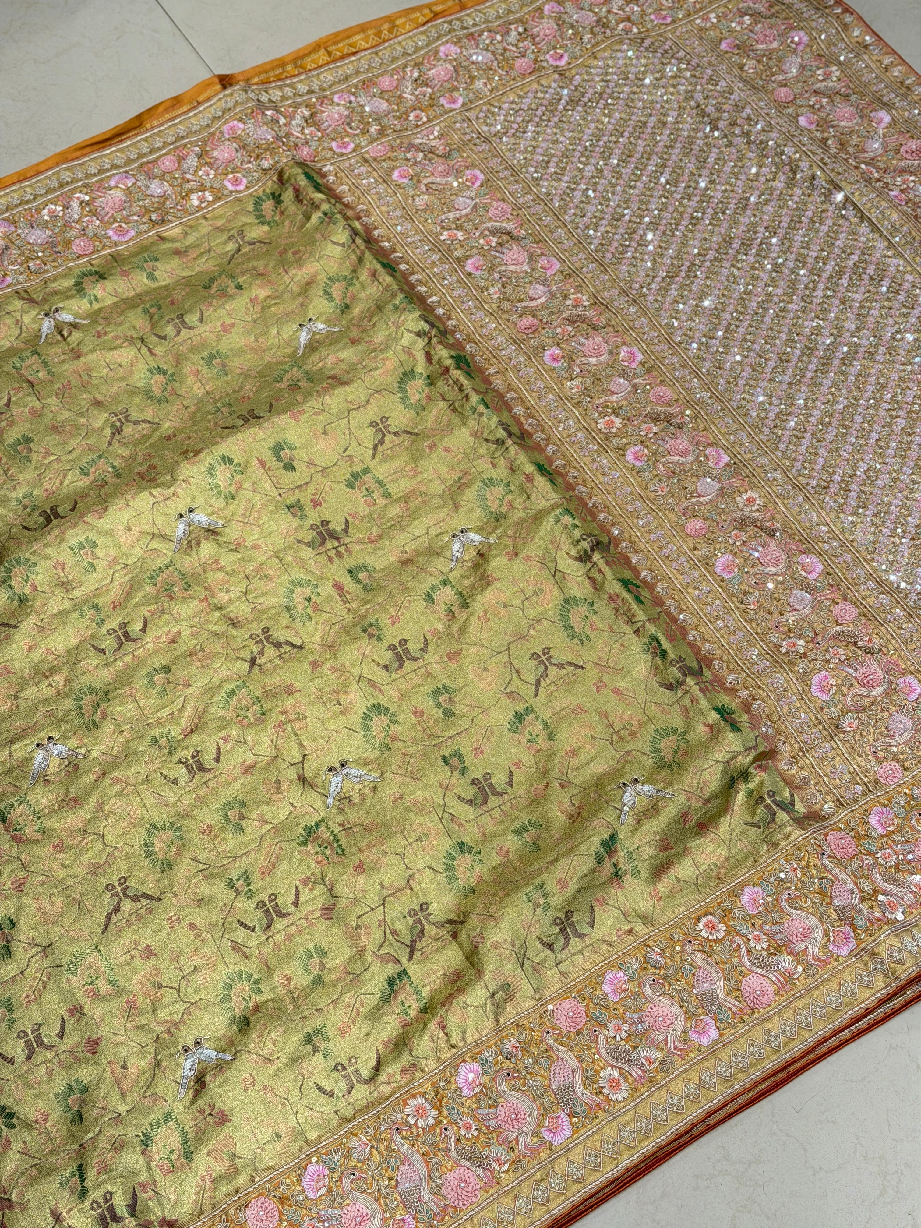 Pista Green Paithani Kanjivaram Luxury Zardosi Resham Hand Embroidery Saree