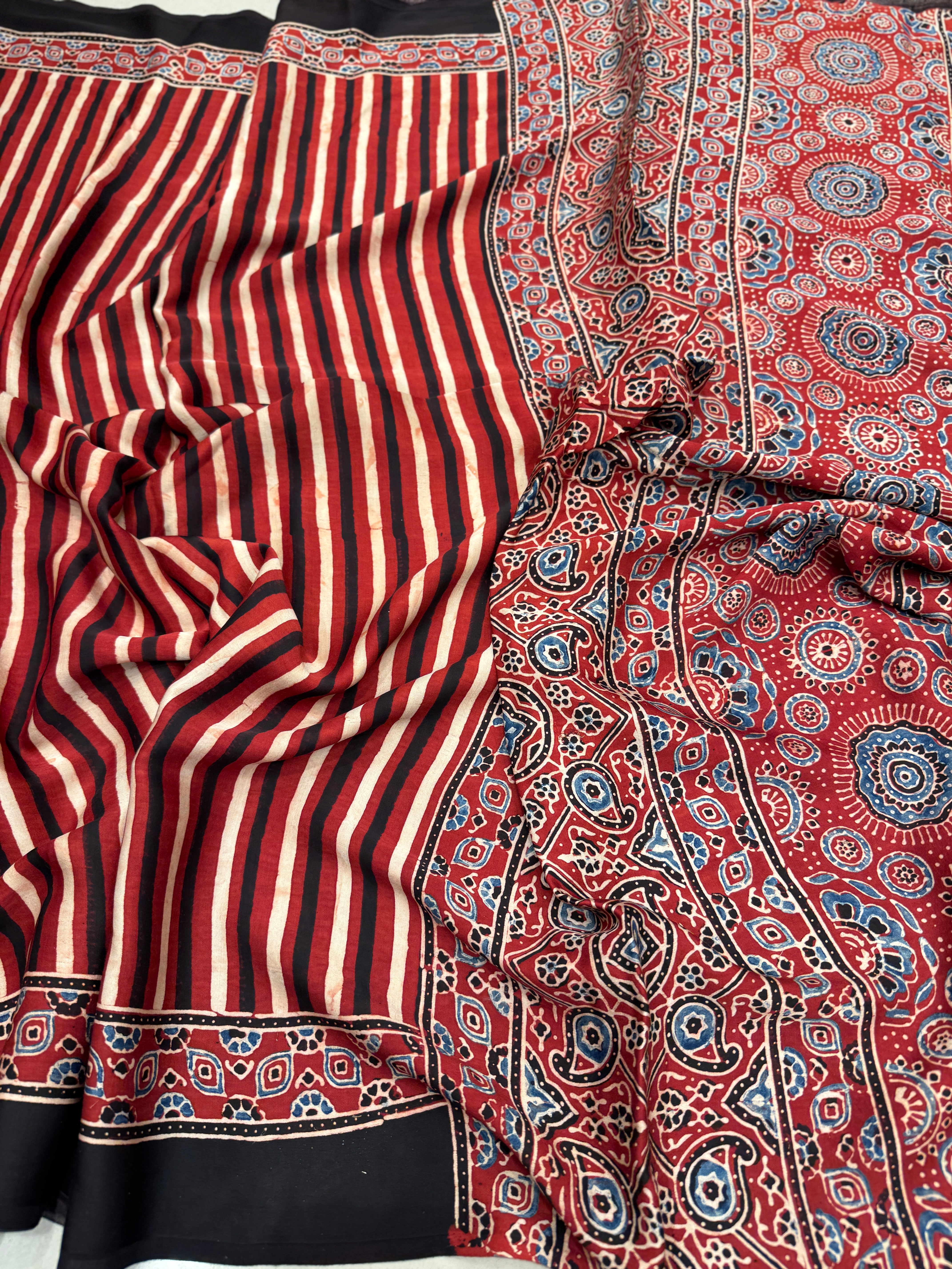 Red White Contemporary Hand Block Print Ajrkah Pure Gajji Silk Saree