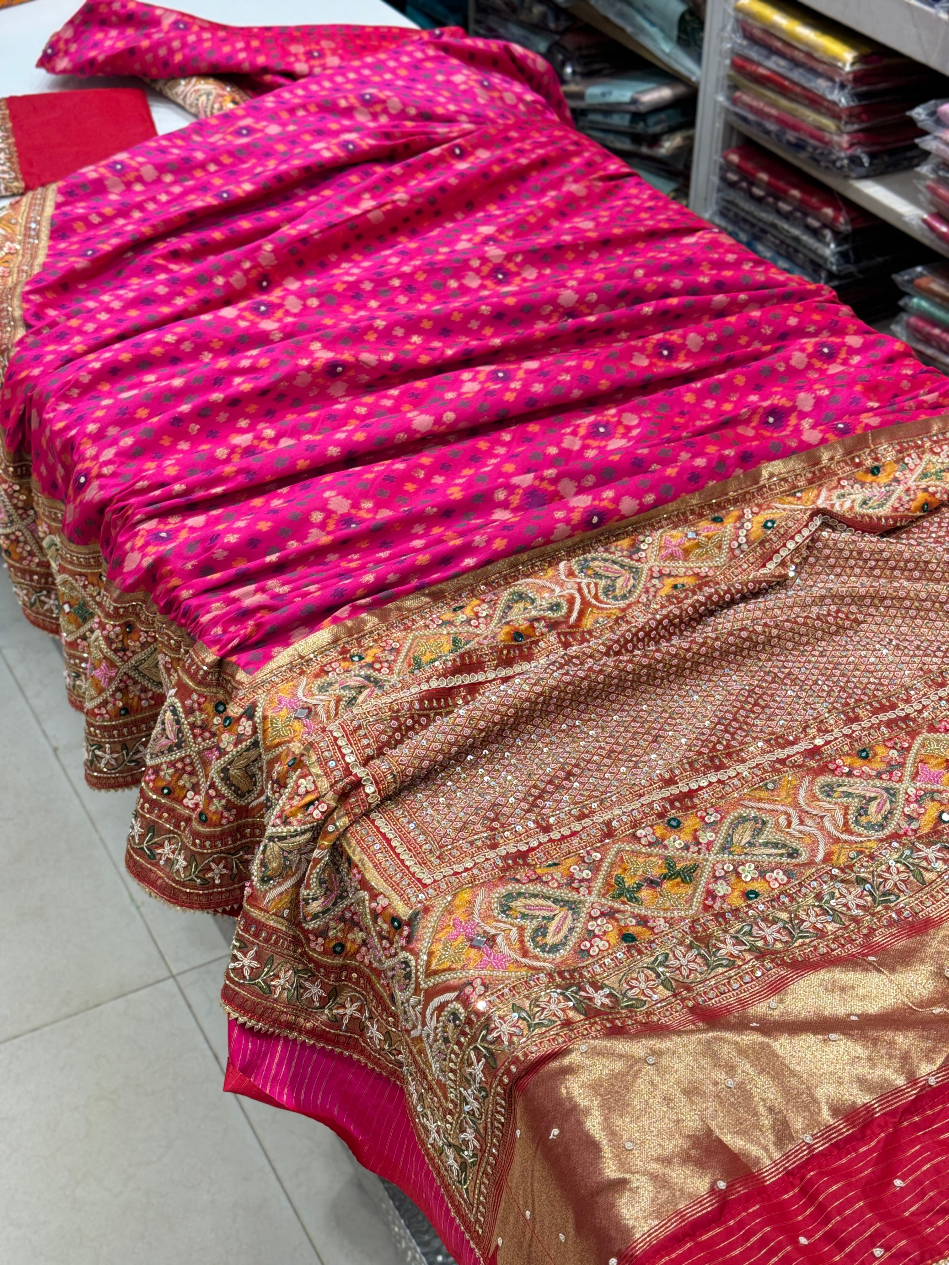 Rani Banarasi Patola Moti Zardosi Hand Embroidery Saree