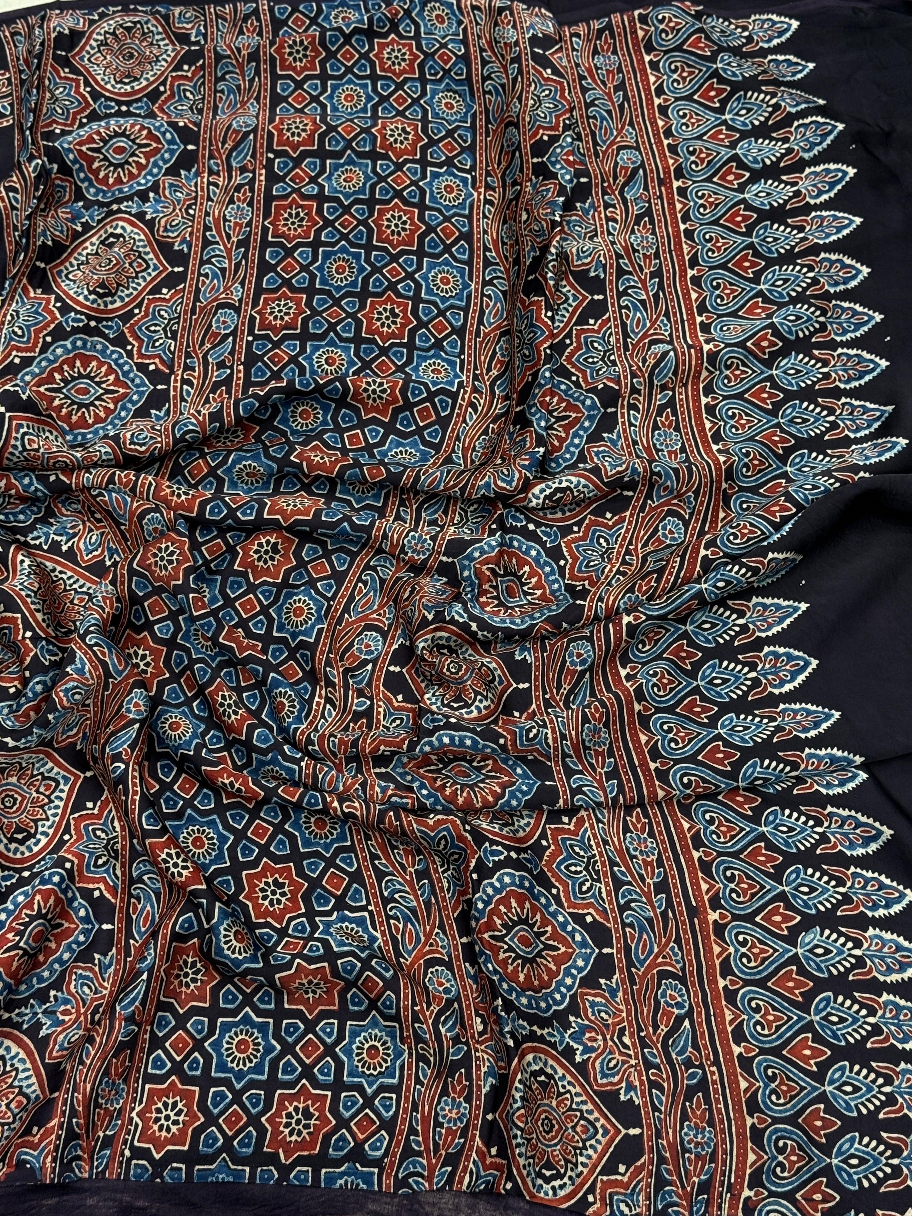 Black Big Buttas Ajrakh Modal Gajji Silk Saree