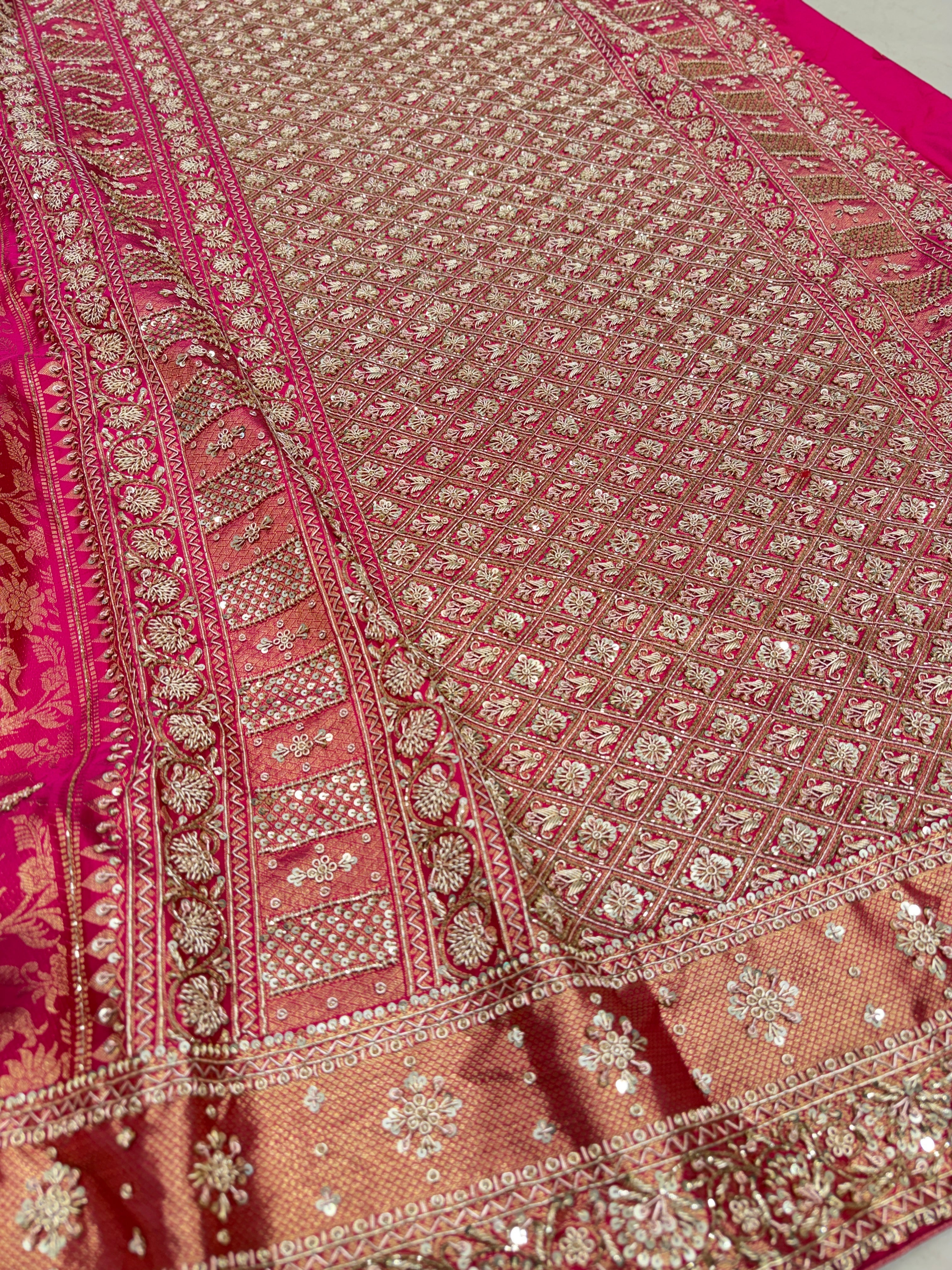 Rani Pink Shikara Kanjivaram Hand Embroidery Zardosi Saree