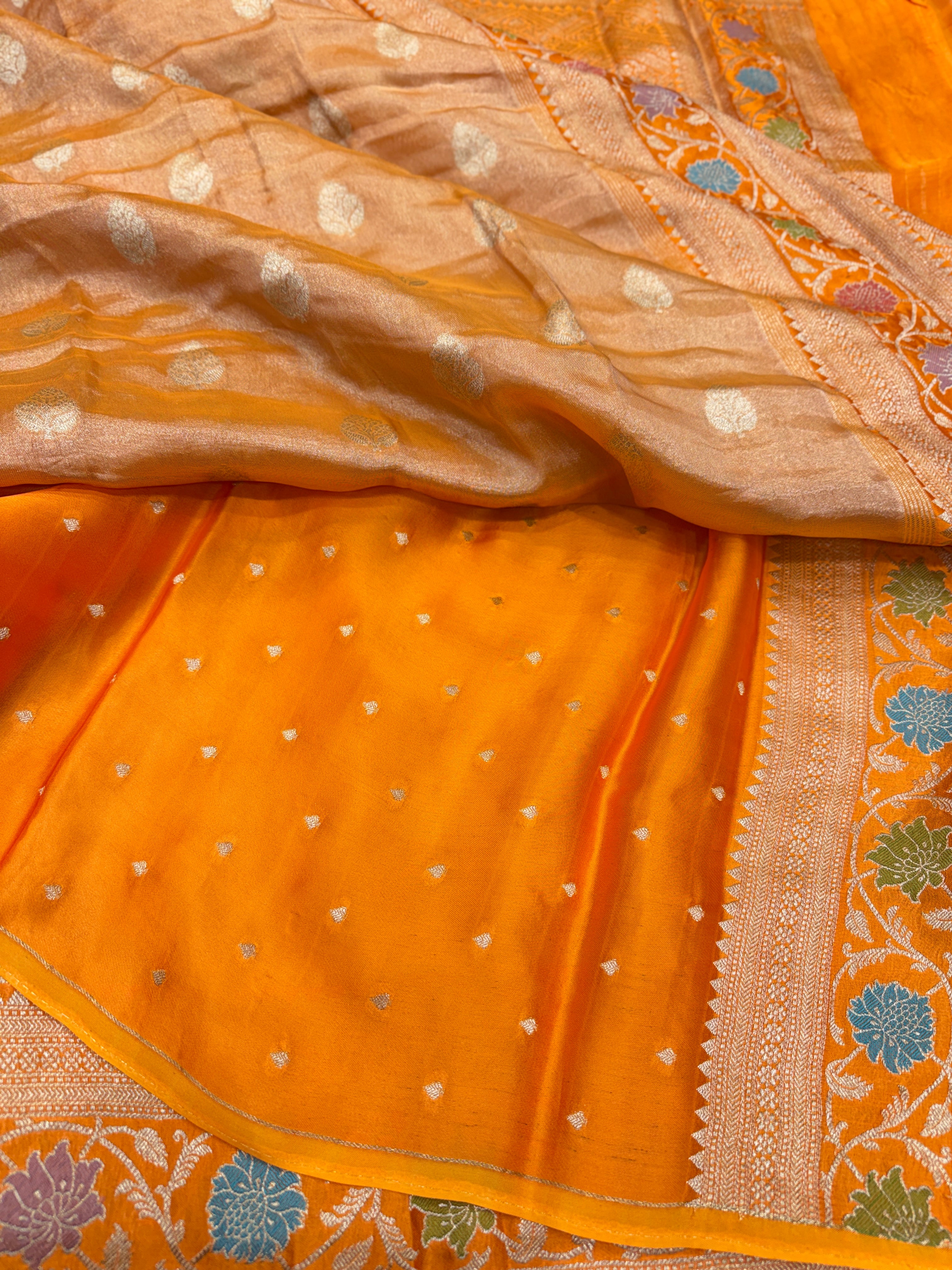 Rust Orange Banarasi Tissue Meenakari Satin Weaved Border Saree