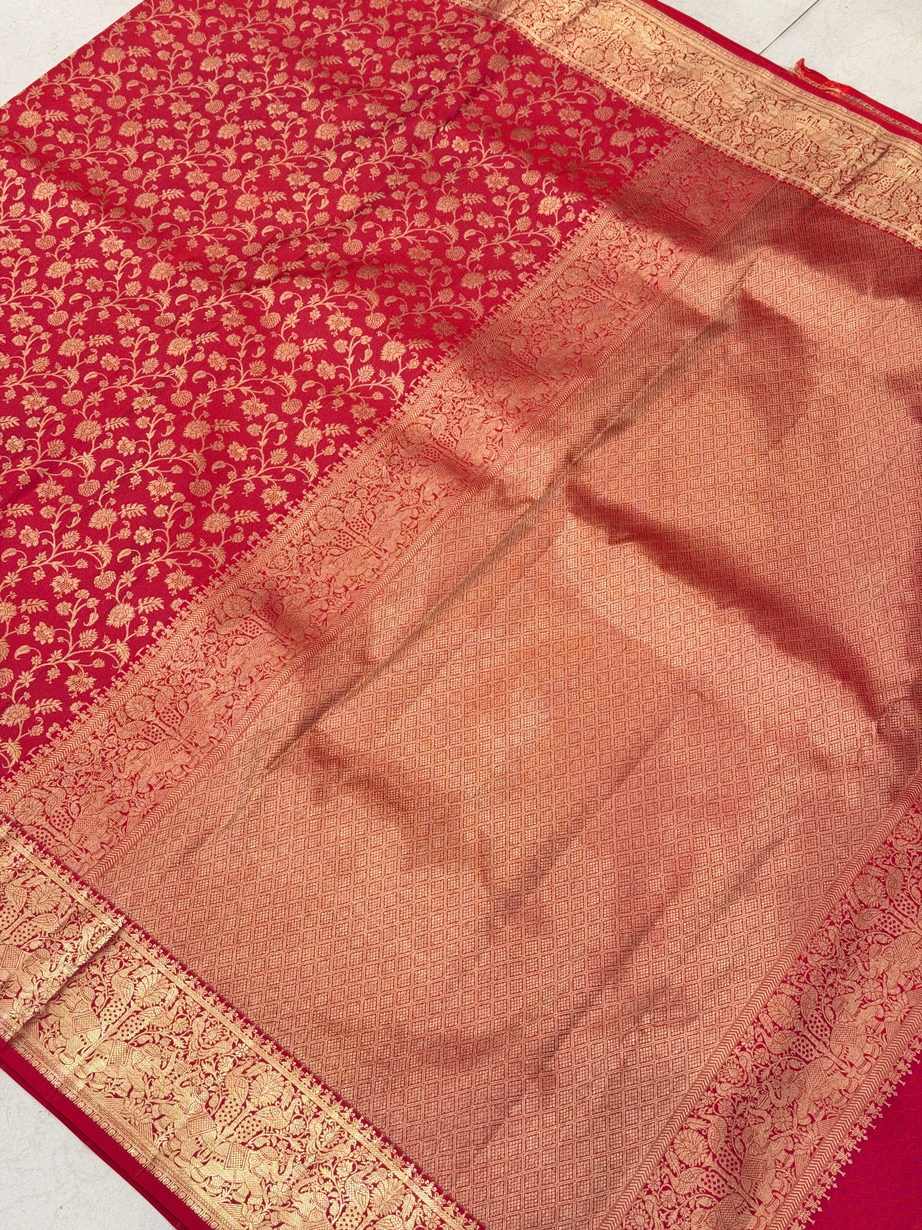 Cross Red Pure Silk Elephant Motif Kanjivaram Saree