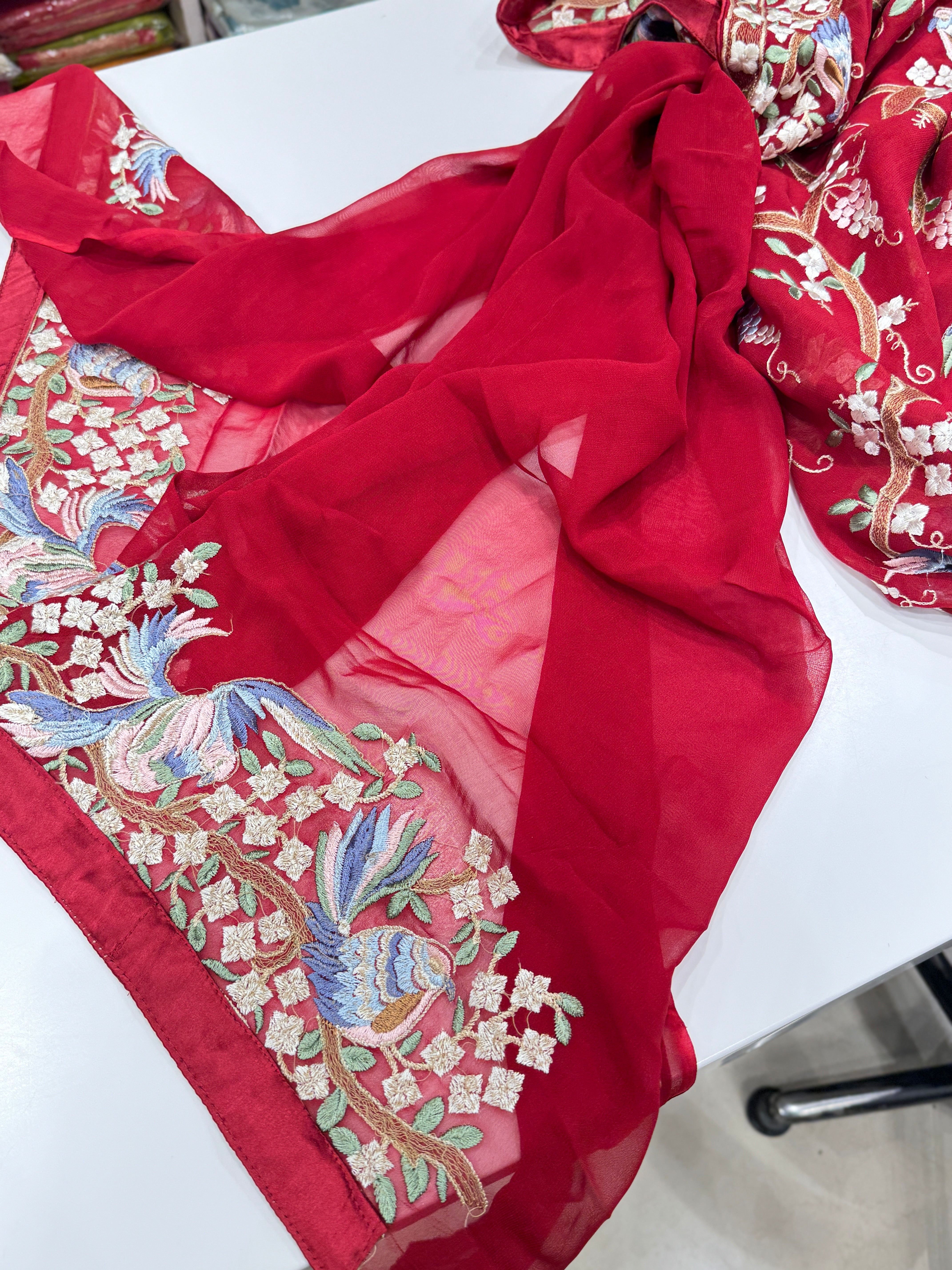 Red Georgette Parsi Gara Saree Chakla Chakli Design