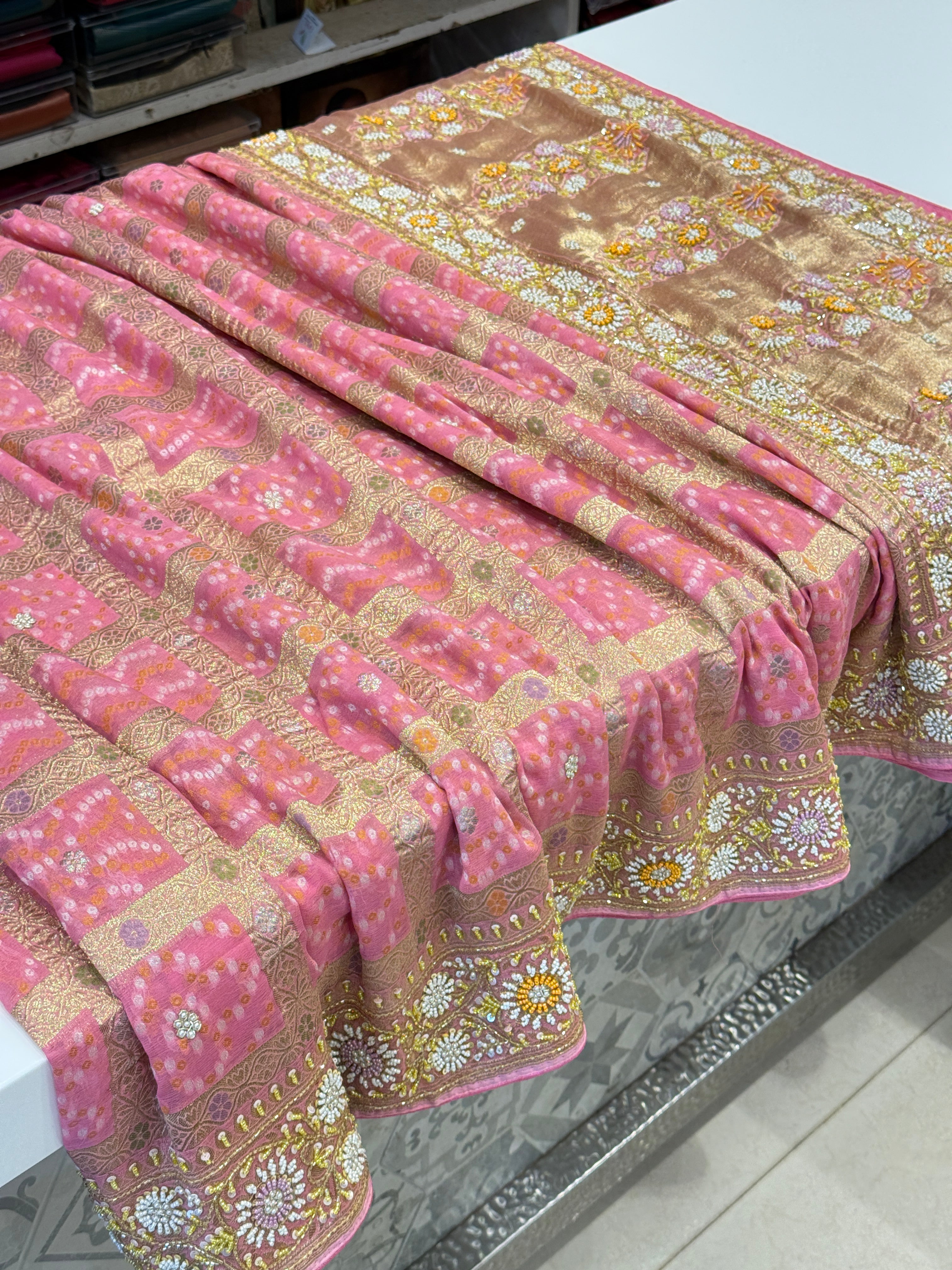Pink Gharchola Meenakari Georgette Moti Zardosi Hand Embroidery Saree