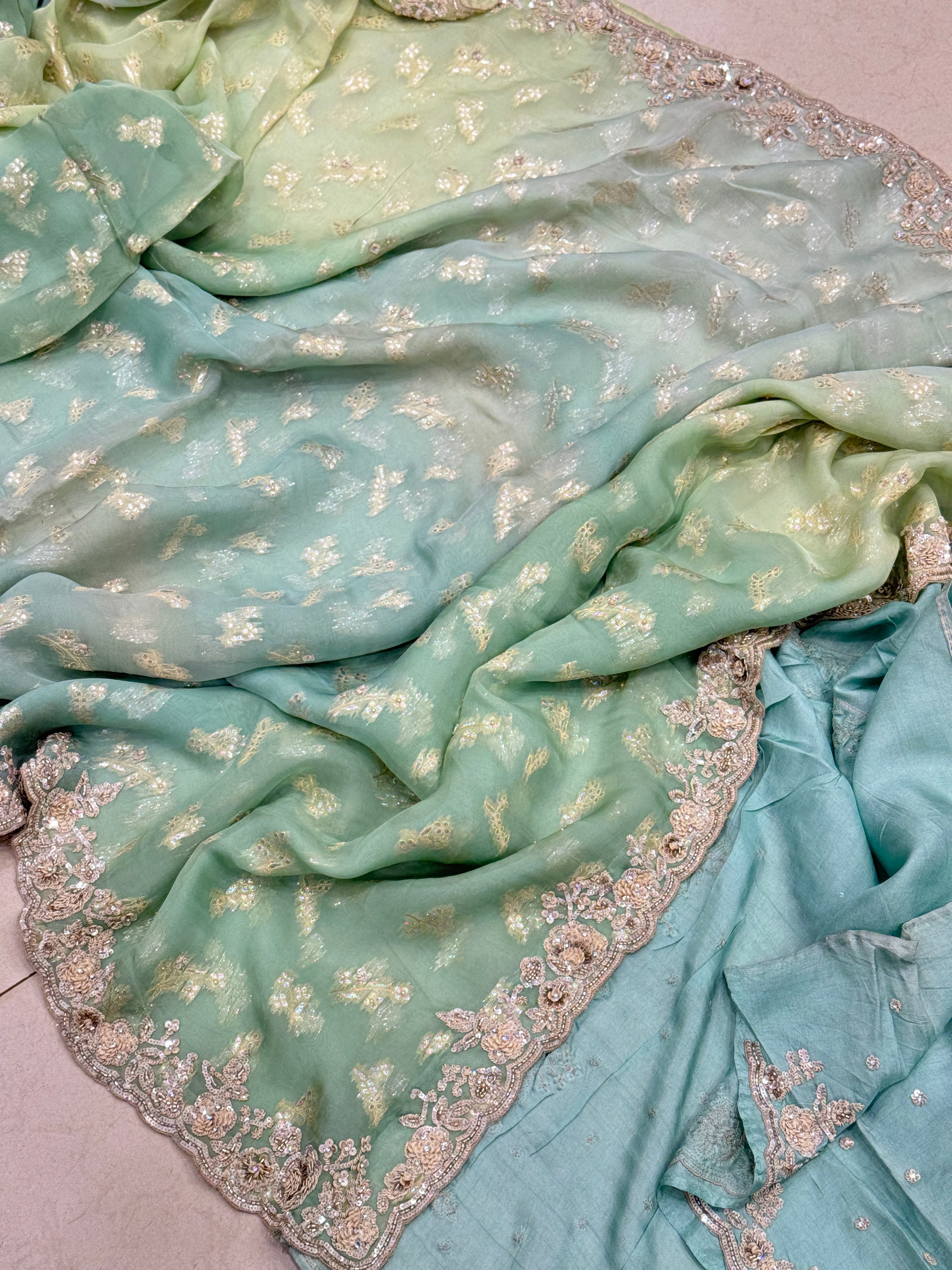 Green Shaded Satin Organza Hand Embroidered Saree
