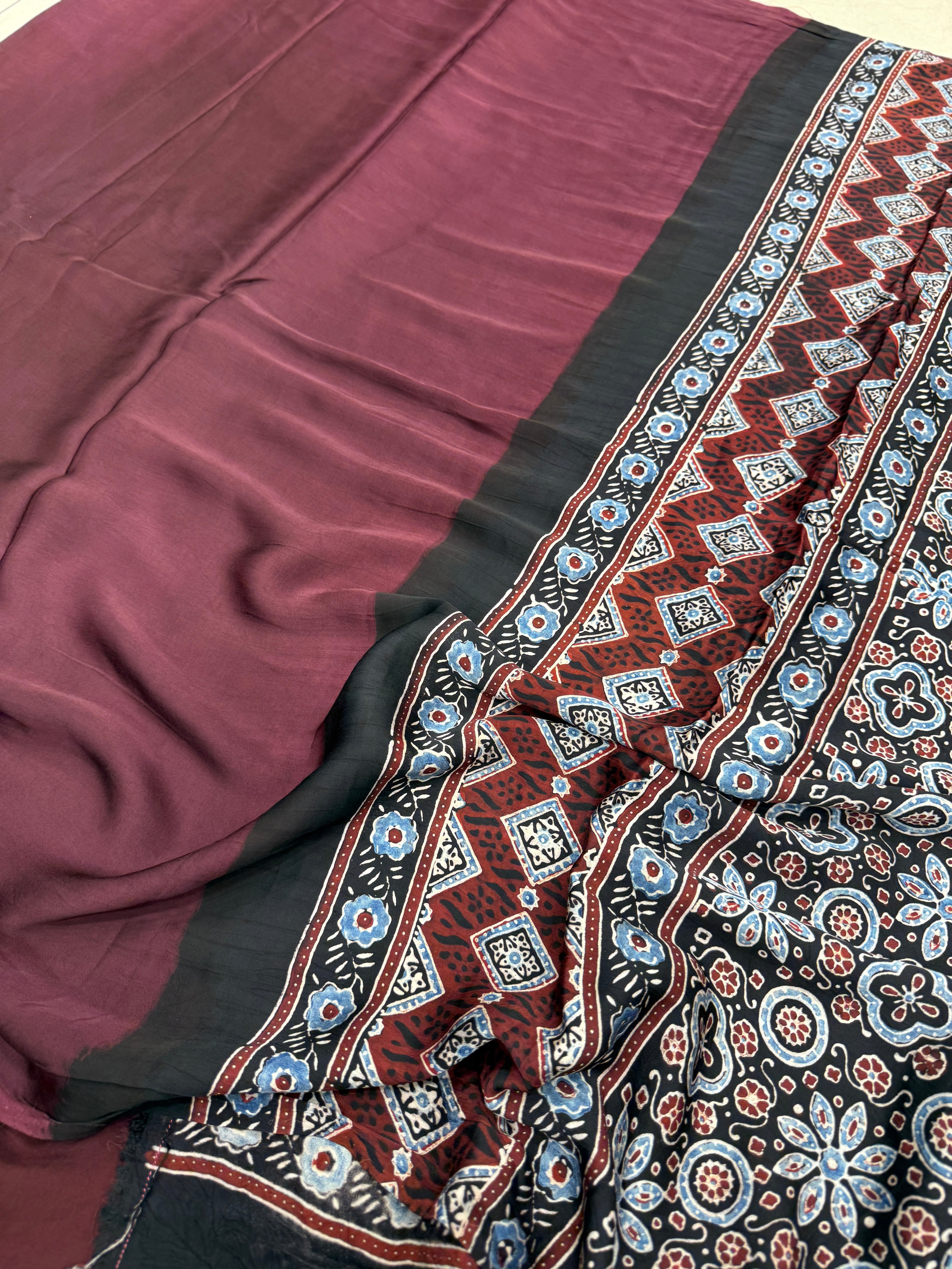 Wine Black Pallu Plain Modal Gajji Silk Ajrakh Saree