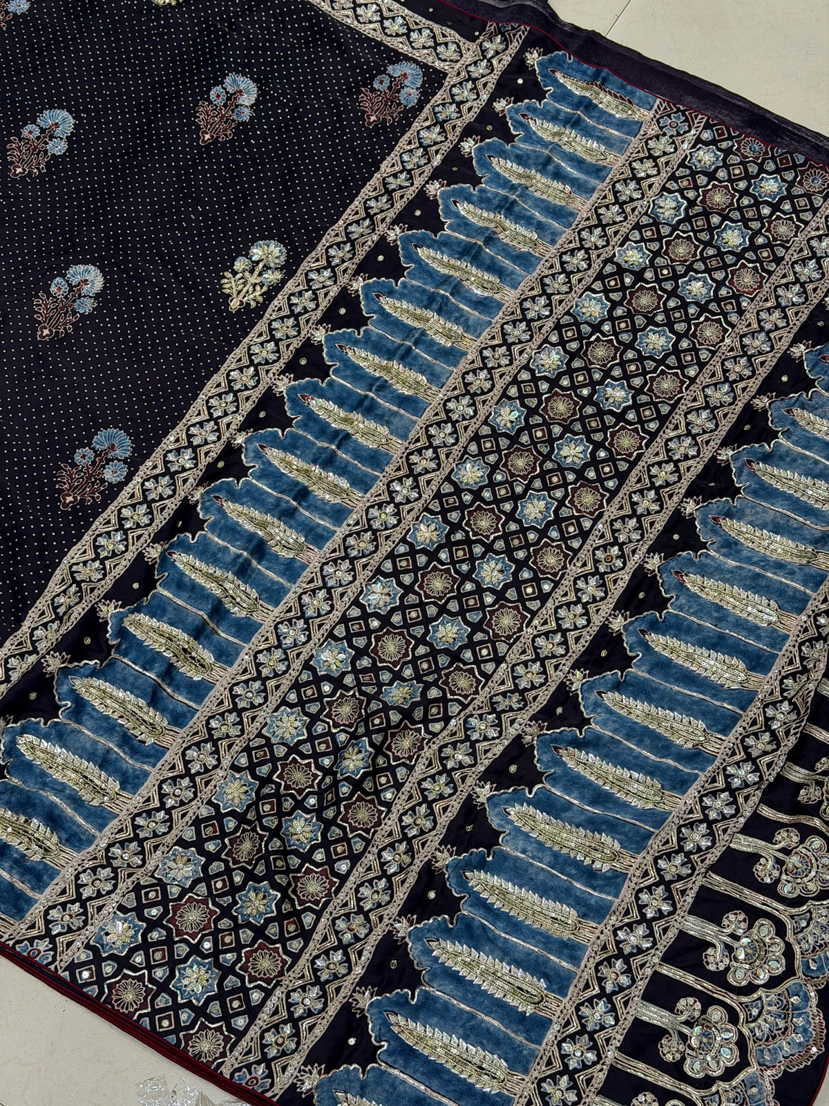 Black Buttas Pita Zardosi Sequin Ajrakh Hand Embroidery Saree