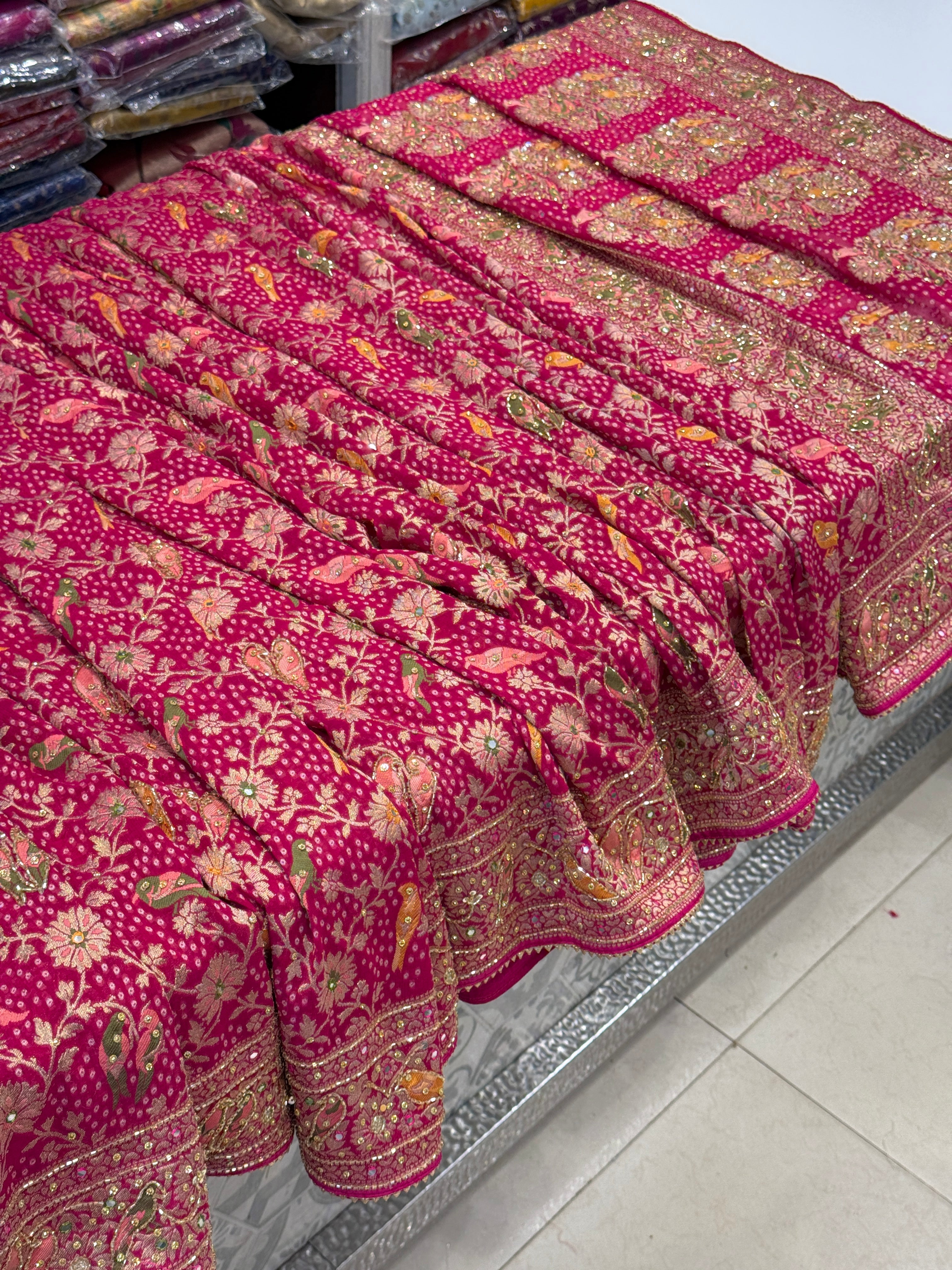 Rani Woven Bandhej Meenakari Parrot Motif Hand Embroidery Saree