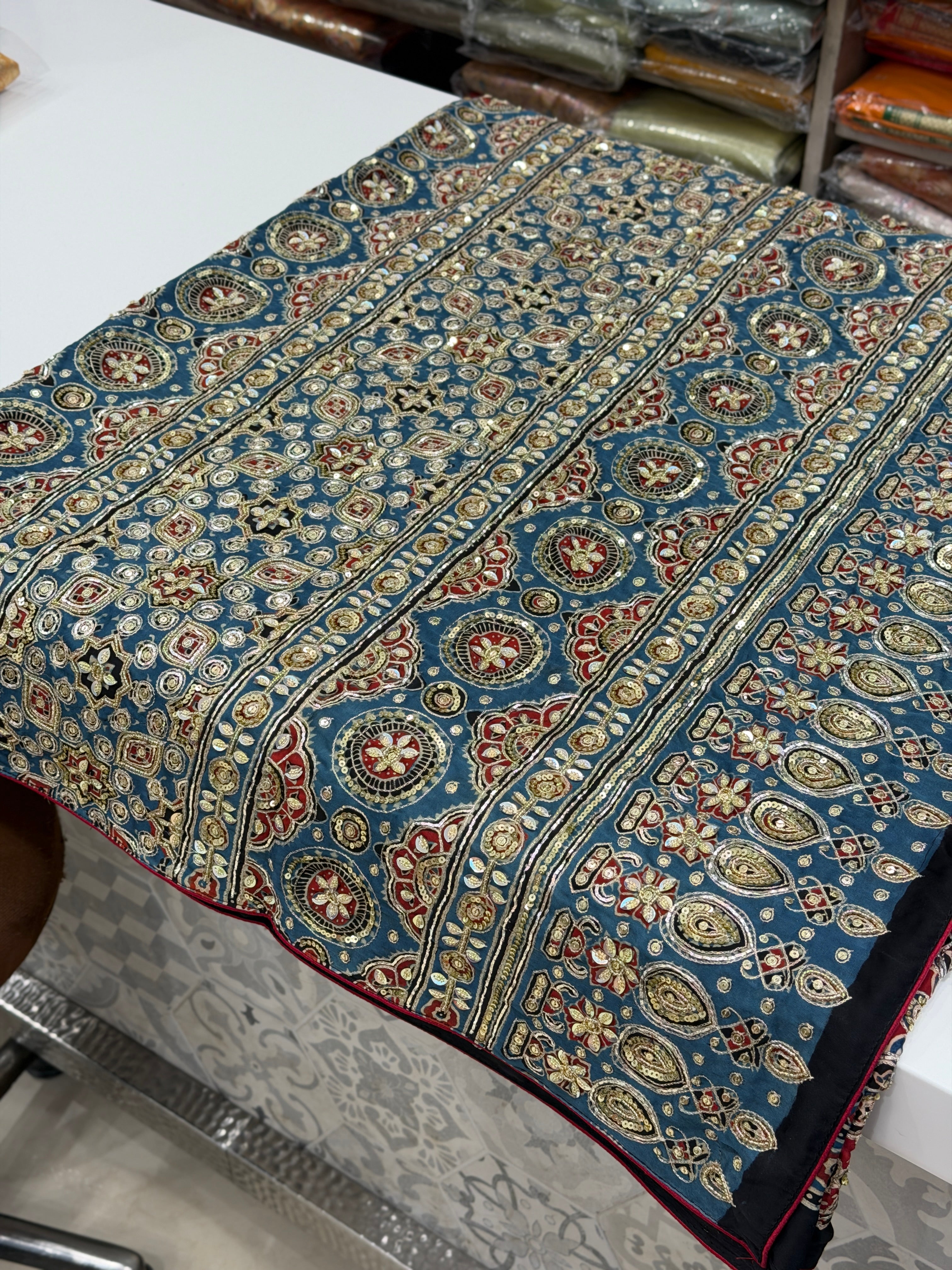 Red Blue Jaal Pita Sequin Ajrakh Hand Embroidery Saree