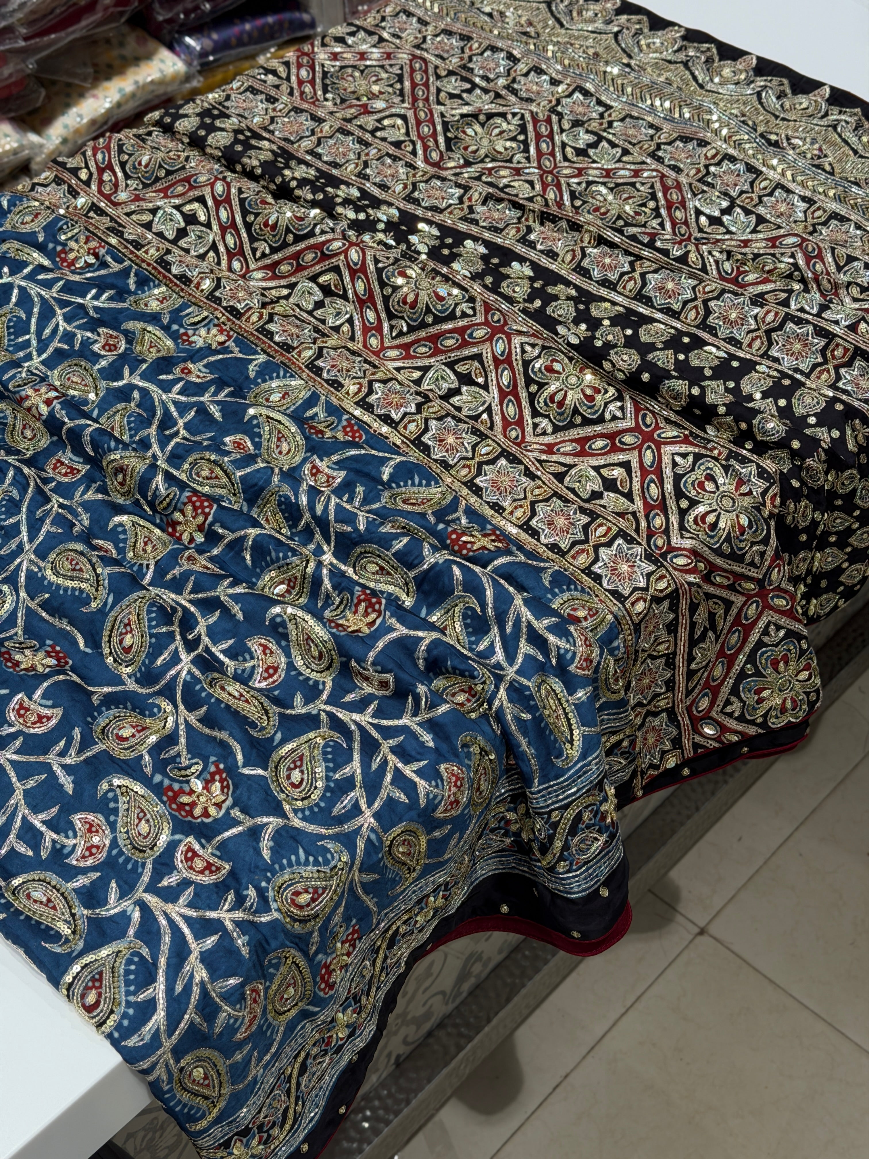 Blue Keri Jaal Pita Sequin Ajrakh Hand Embroidery Saree