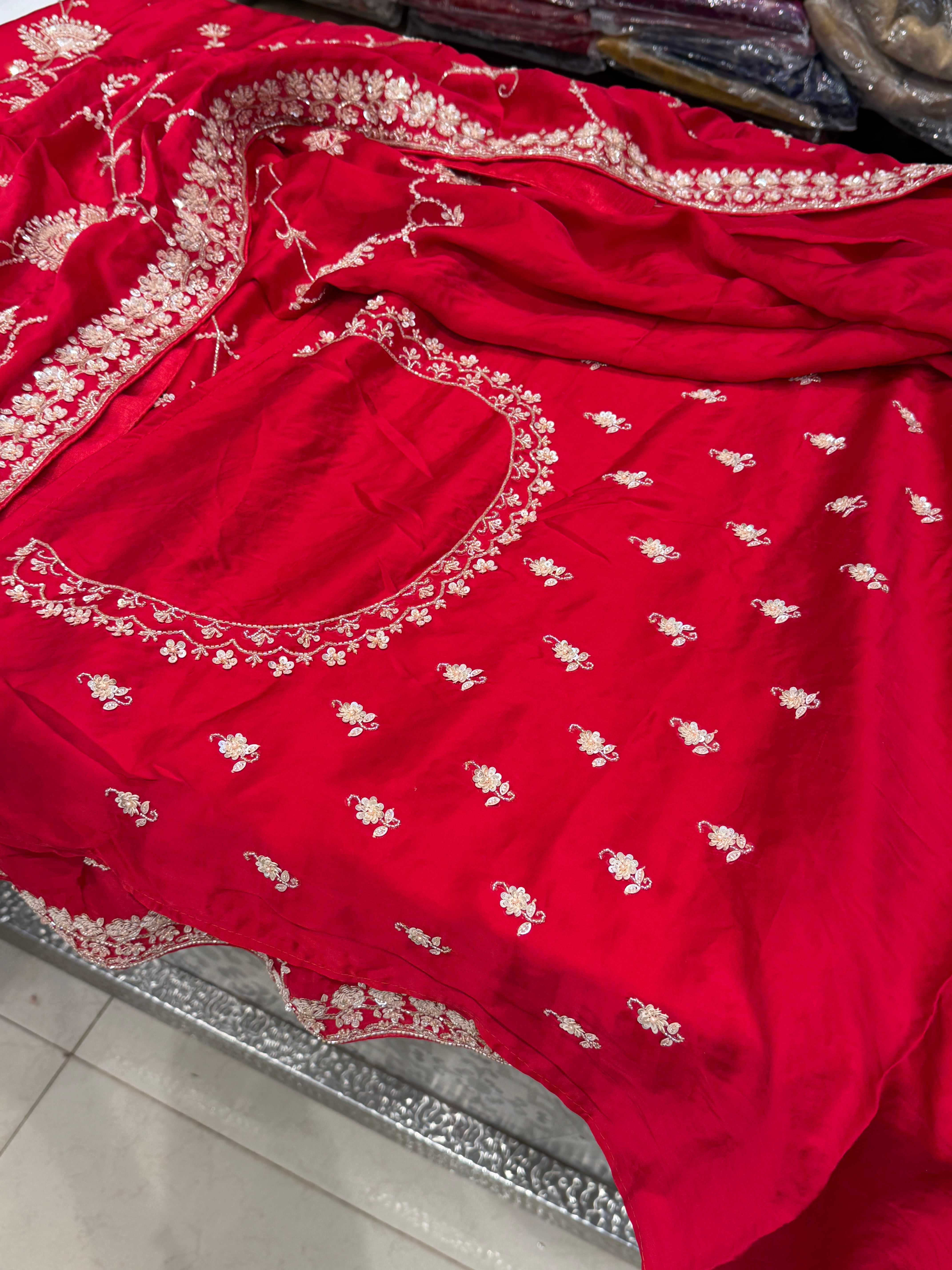 Red Satin Floral Jaal Hand Embroidery Saree