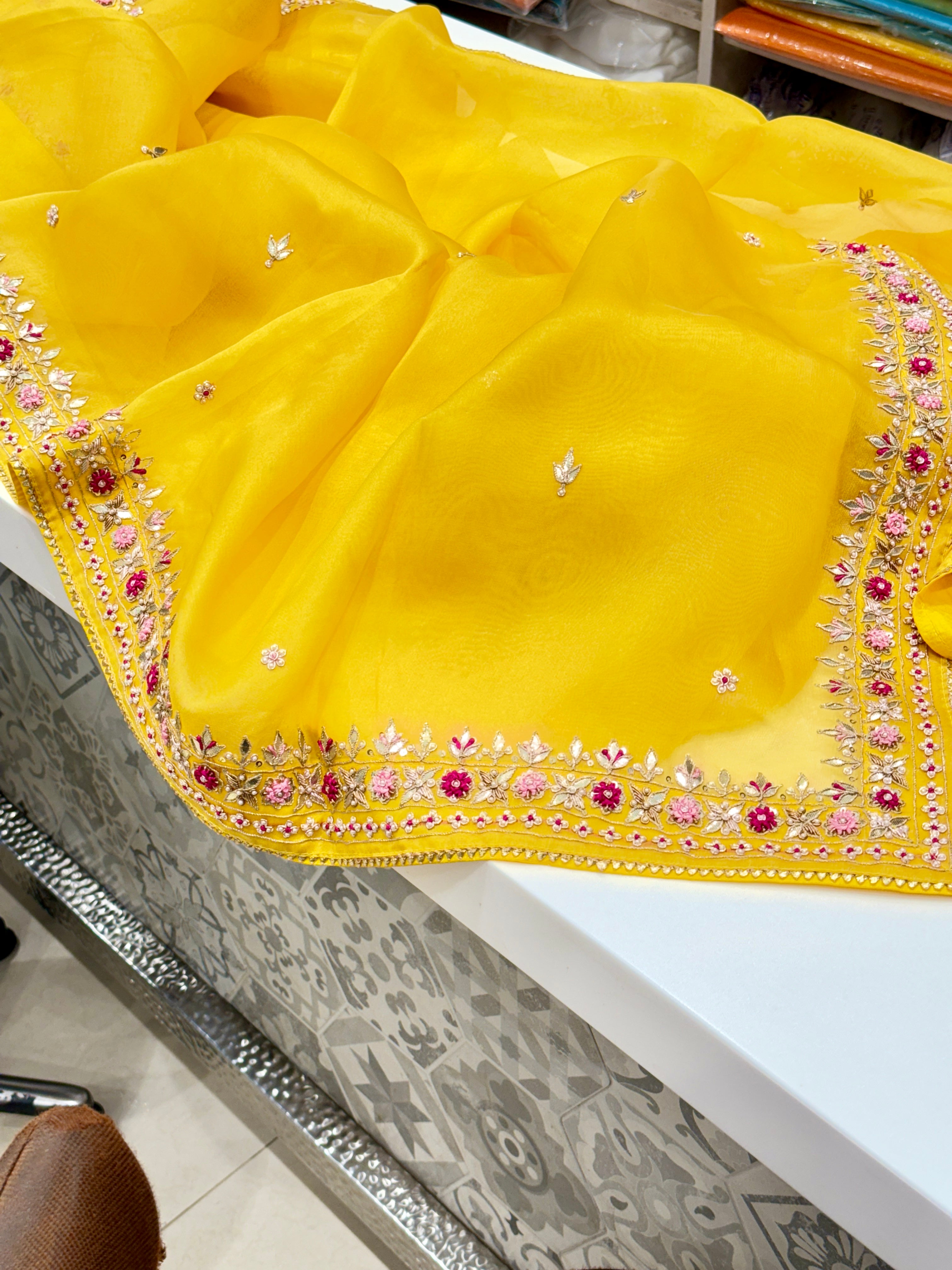 Yellow Handloom Organza Zardosi Saree