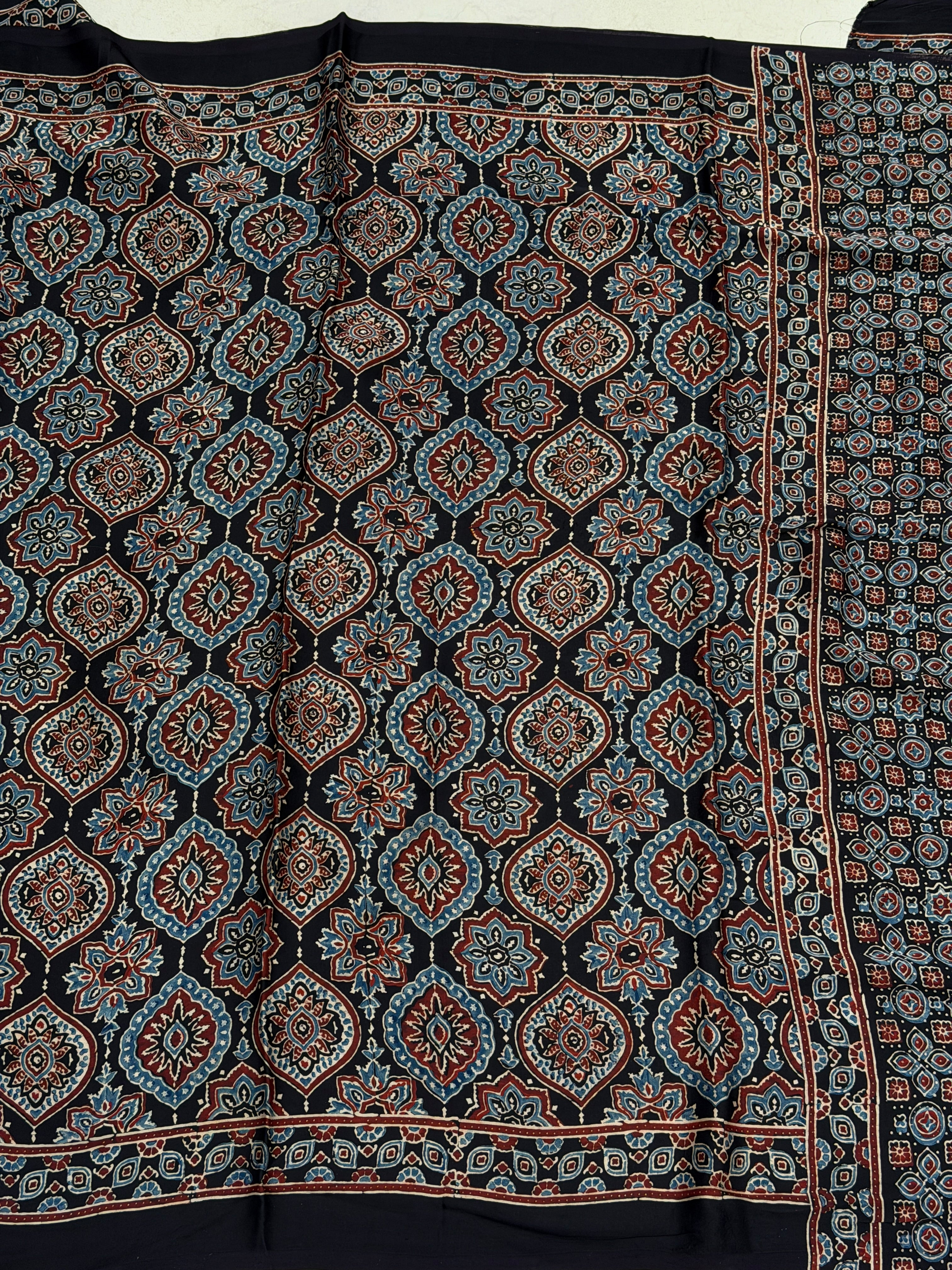 Black Badam Butti Ajrakh Hand Block Print Pure Modal Silk Saree