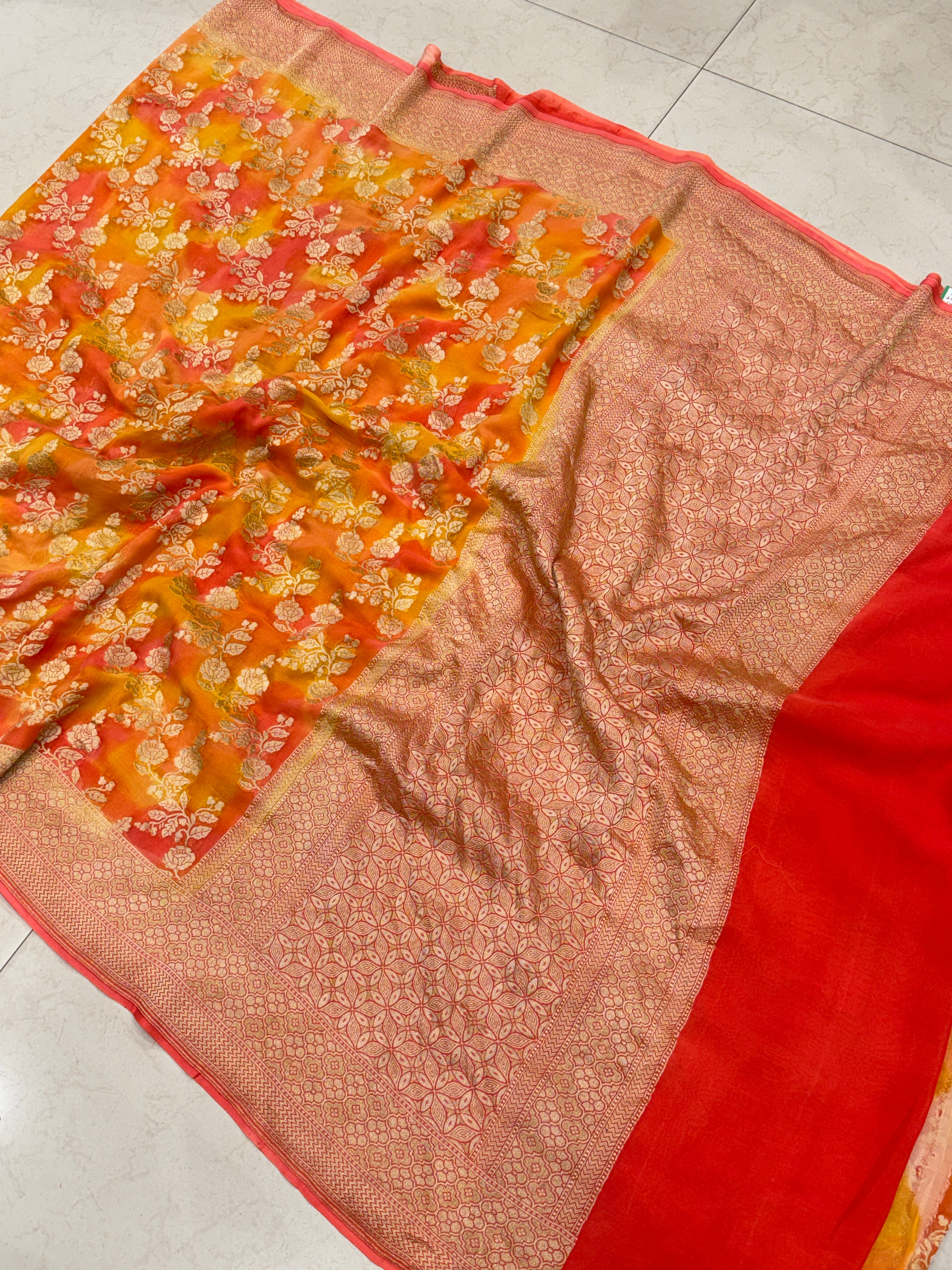Orange Shaded Rose Jaal Handloom Banarasi Khaddi Georgette Saree