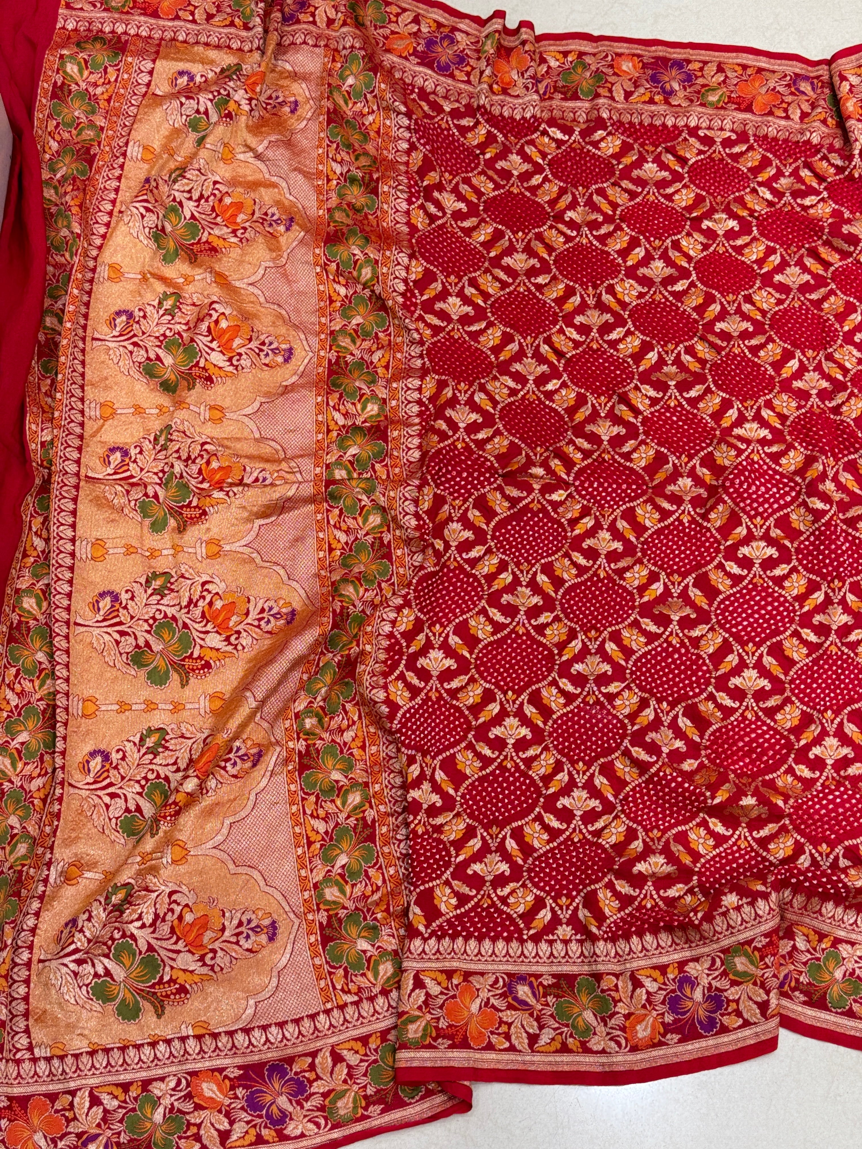 Red Handloom Meenakari Rai Bandhej Pure Zari Dupatta