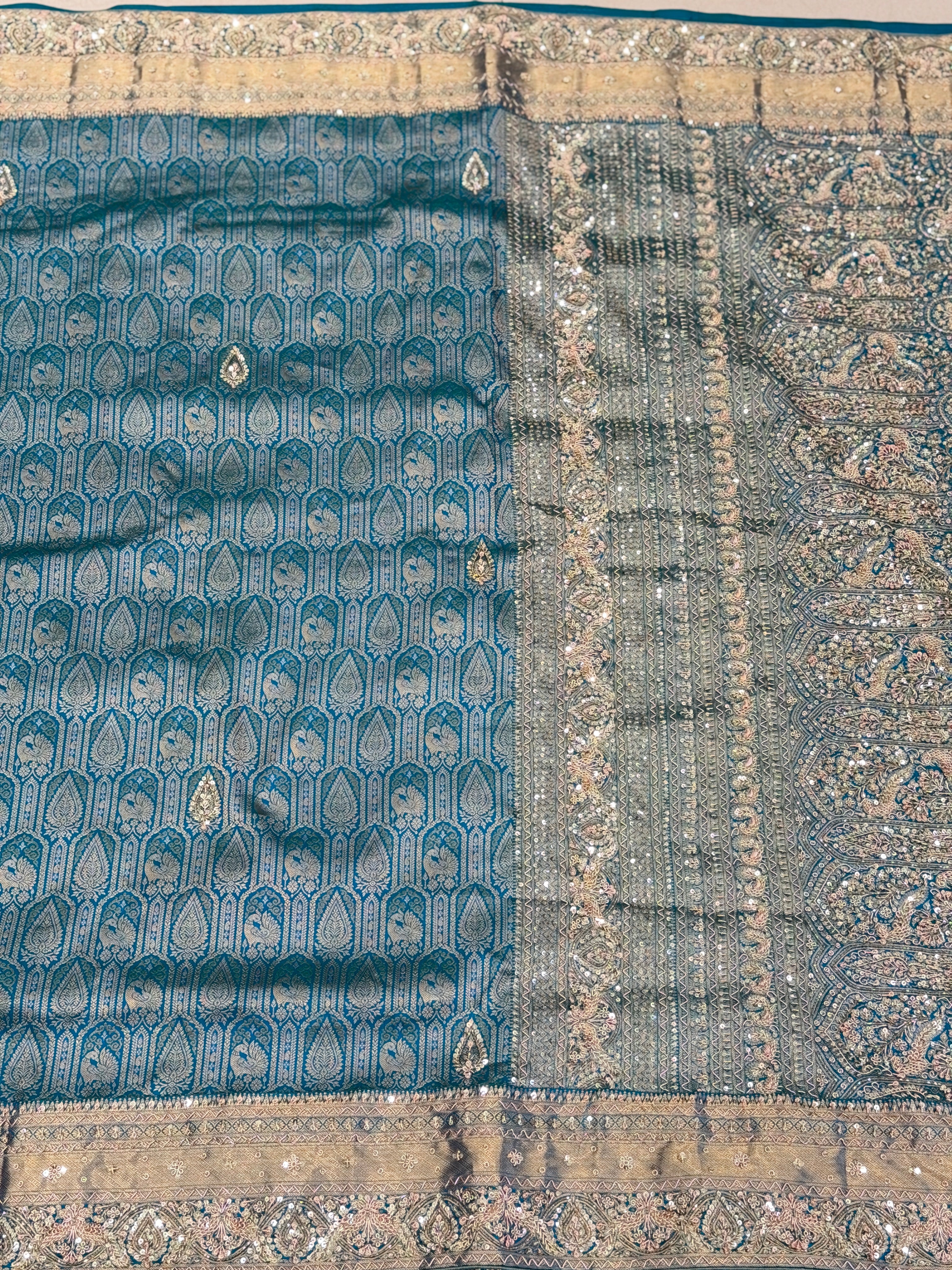 Sea Green Kanjivaram Peacock Motif Zardosi Hand Embroidery Saree