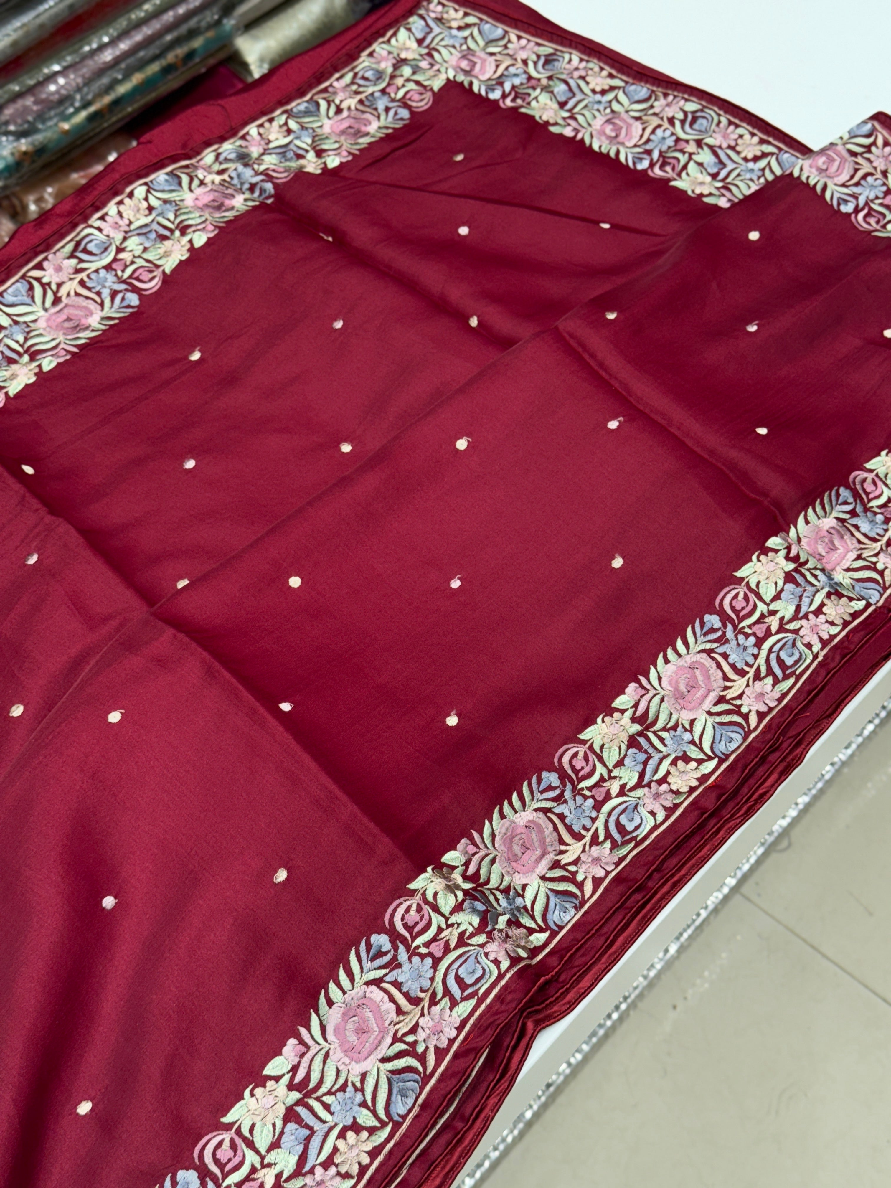 Maroon Silk Multi Colour Border Gara Border Saree