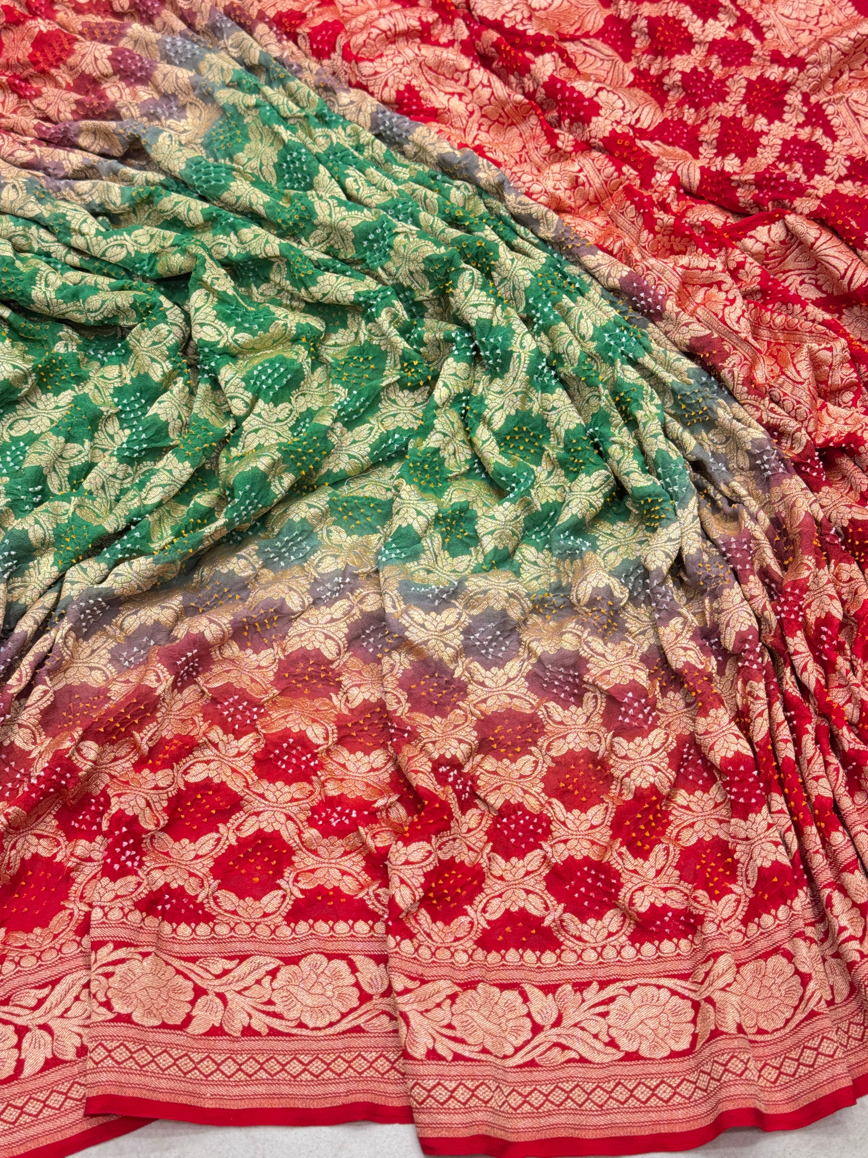 Red Green Shaded Bandhej Shaded Saree