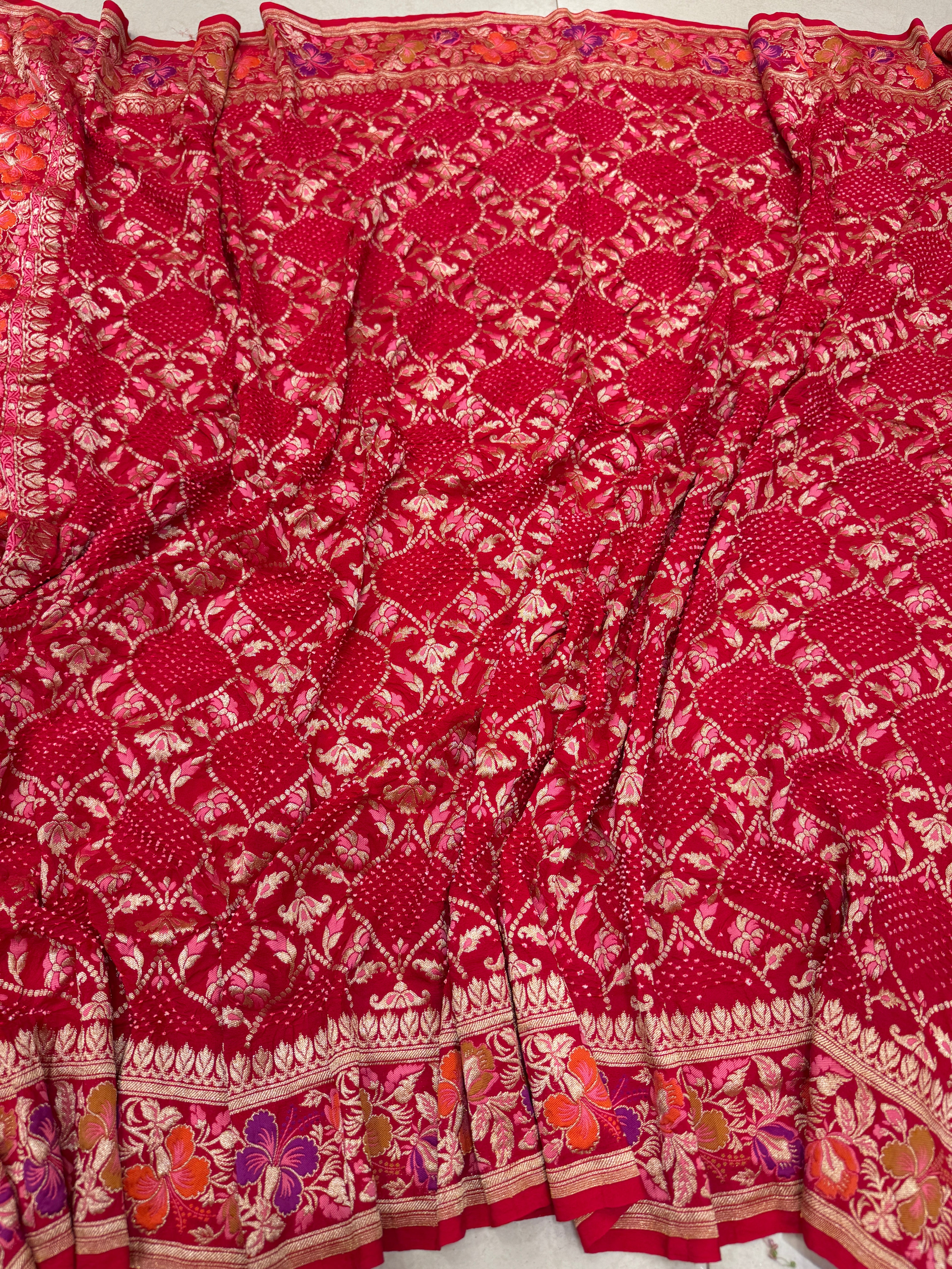Red Meenakari Badam Jaal Rai Bandhej Georgette Dupatta