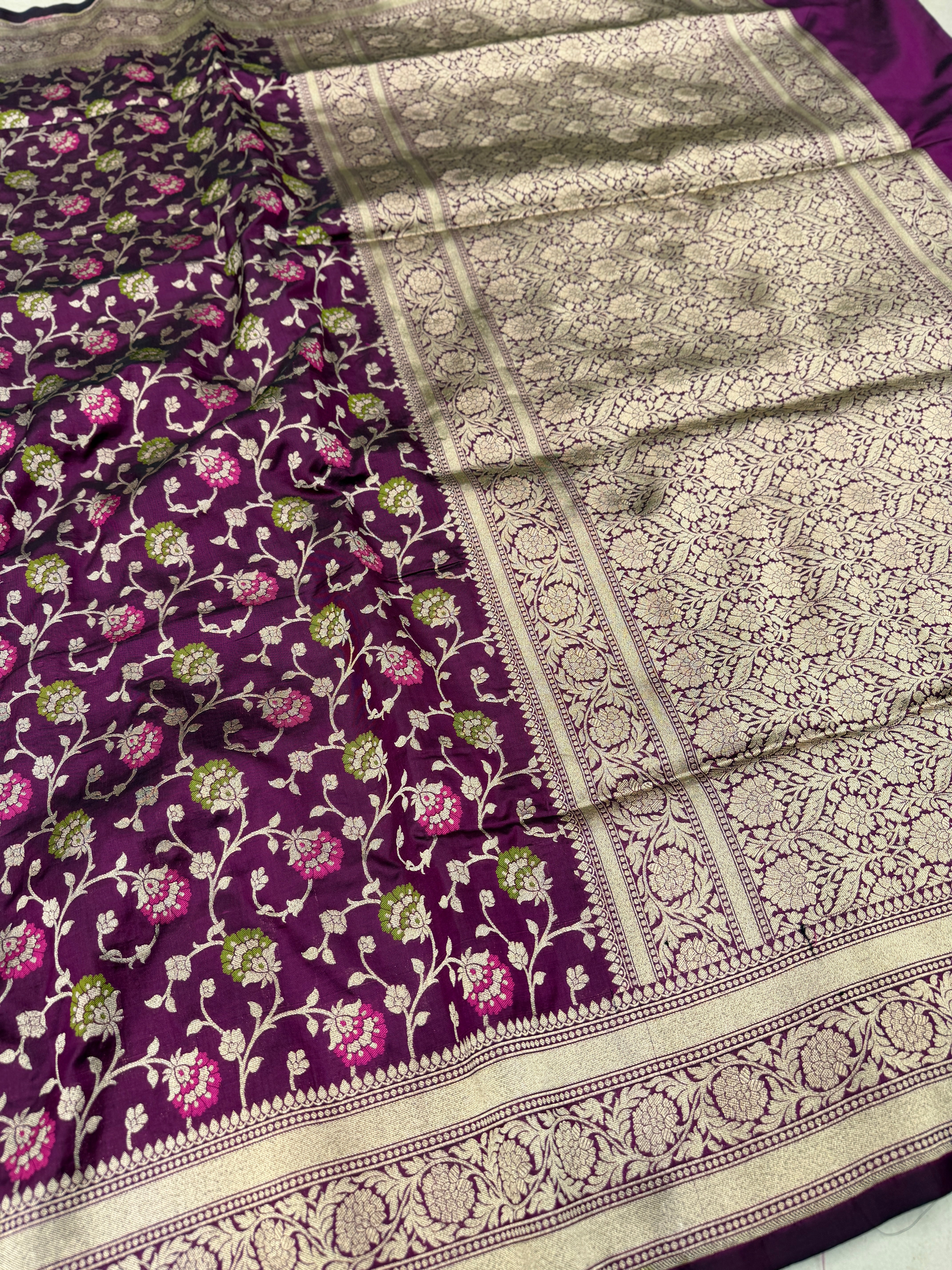 Wine Handloom Meenakari Jaal Katan Silk Saree