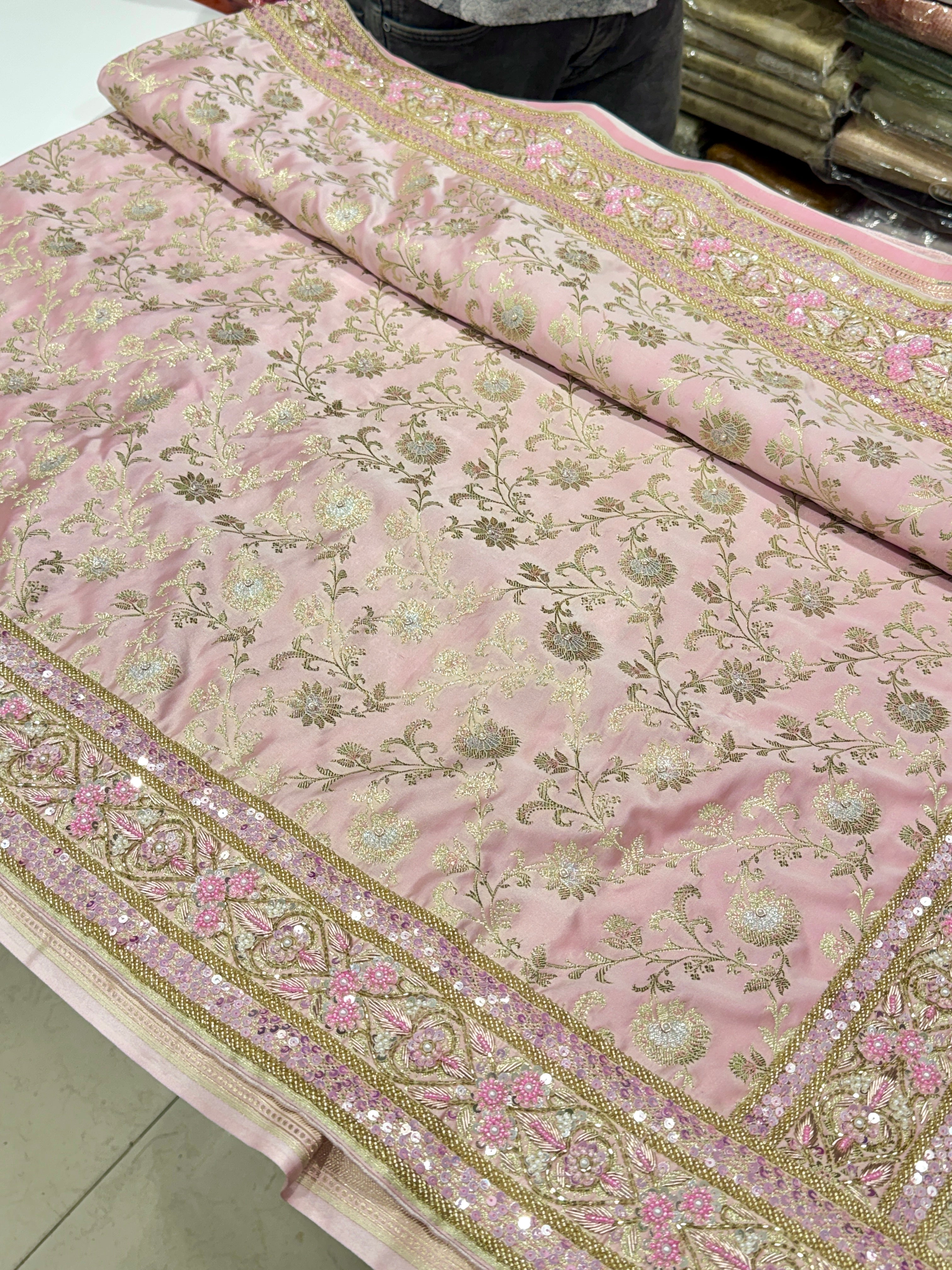 Light Pink Banarasi Small Jaal Zardosi Fancy Moti Hand Embroidery Saree