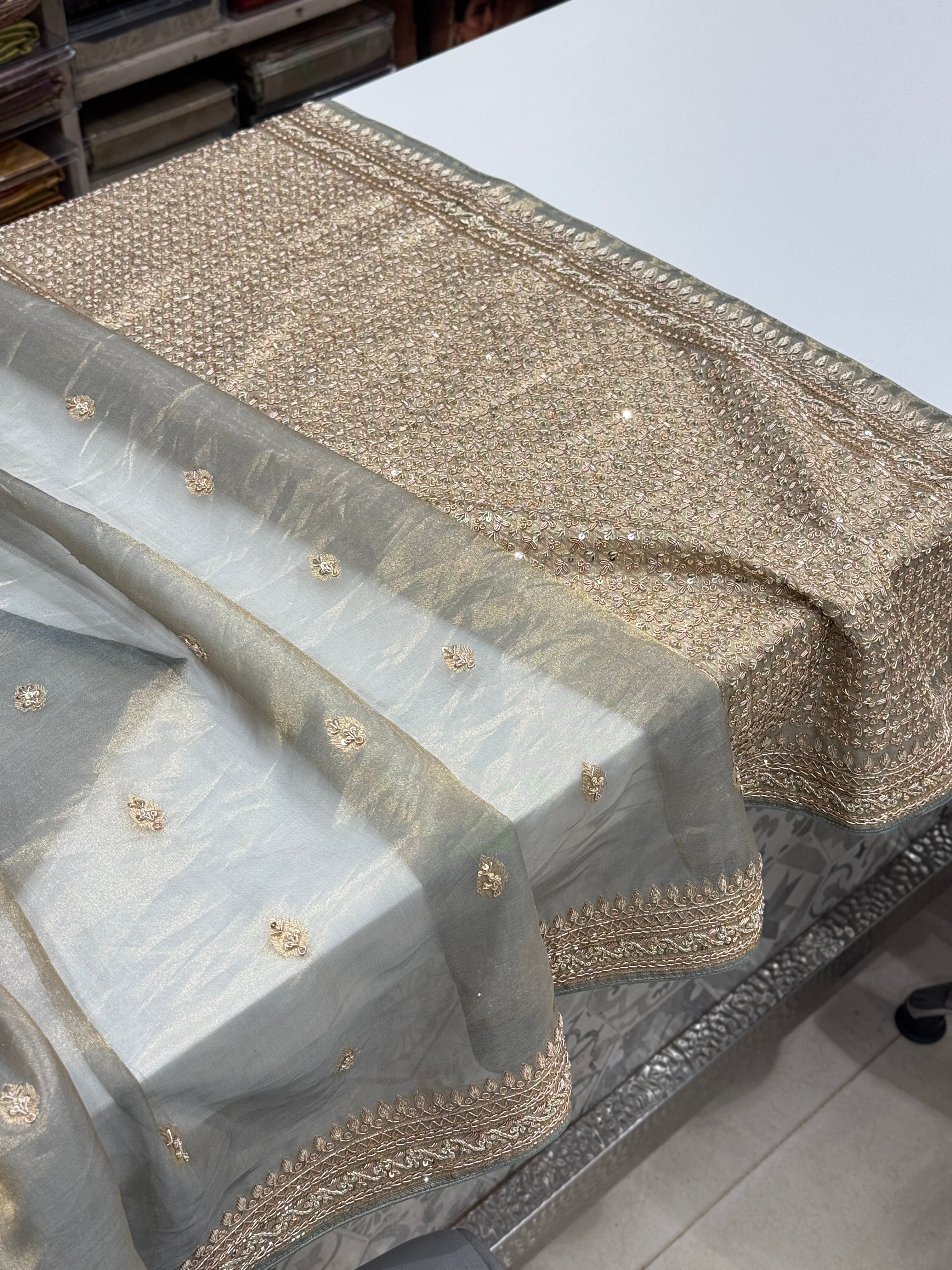 Cement Grey Banarasi Tissue Kadwa Buttas Zardosi Hand Embroidery Saree