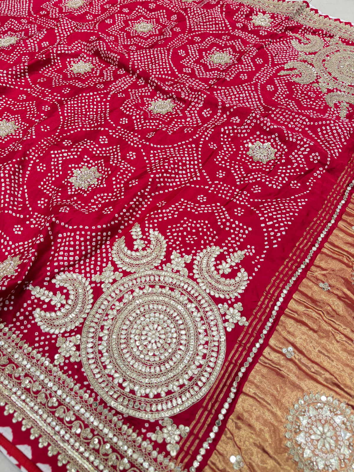 Red Gajji Silk Bandhej Gotapatti Marodi Hand Embroidery Saree