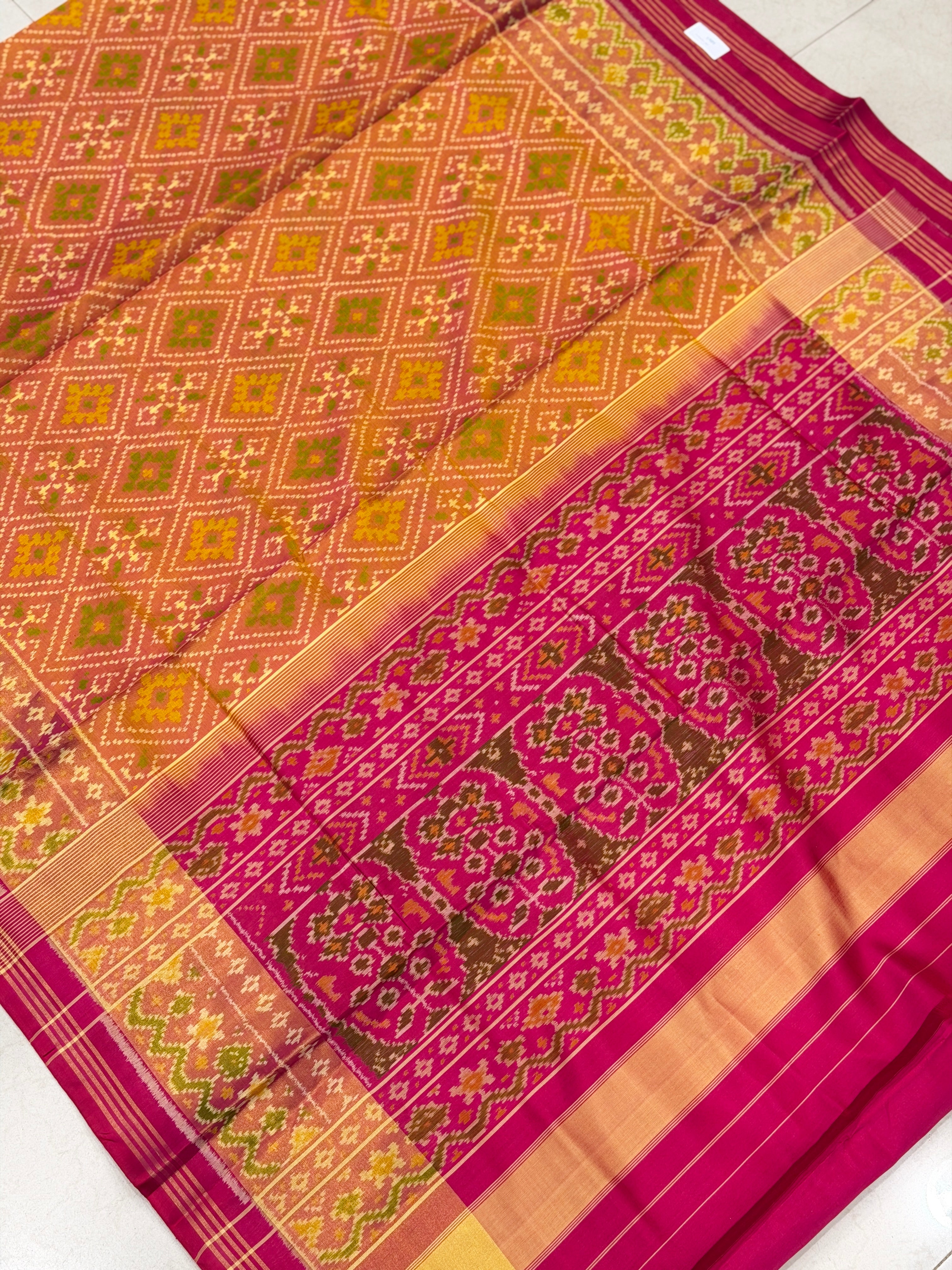 Rust Orange Choktha Bhat Handloom Rajot Ikat Patola Silk Saree