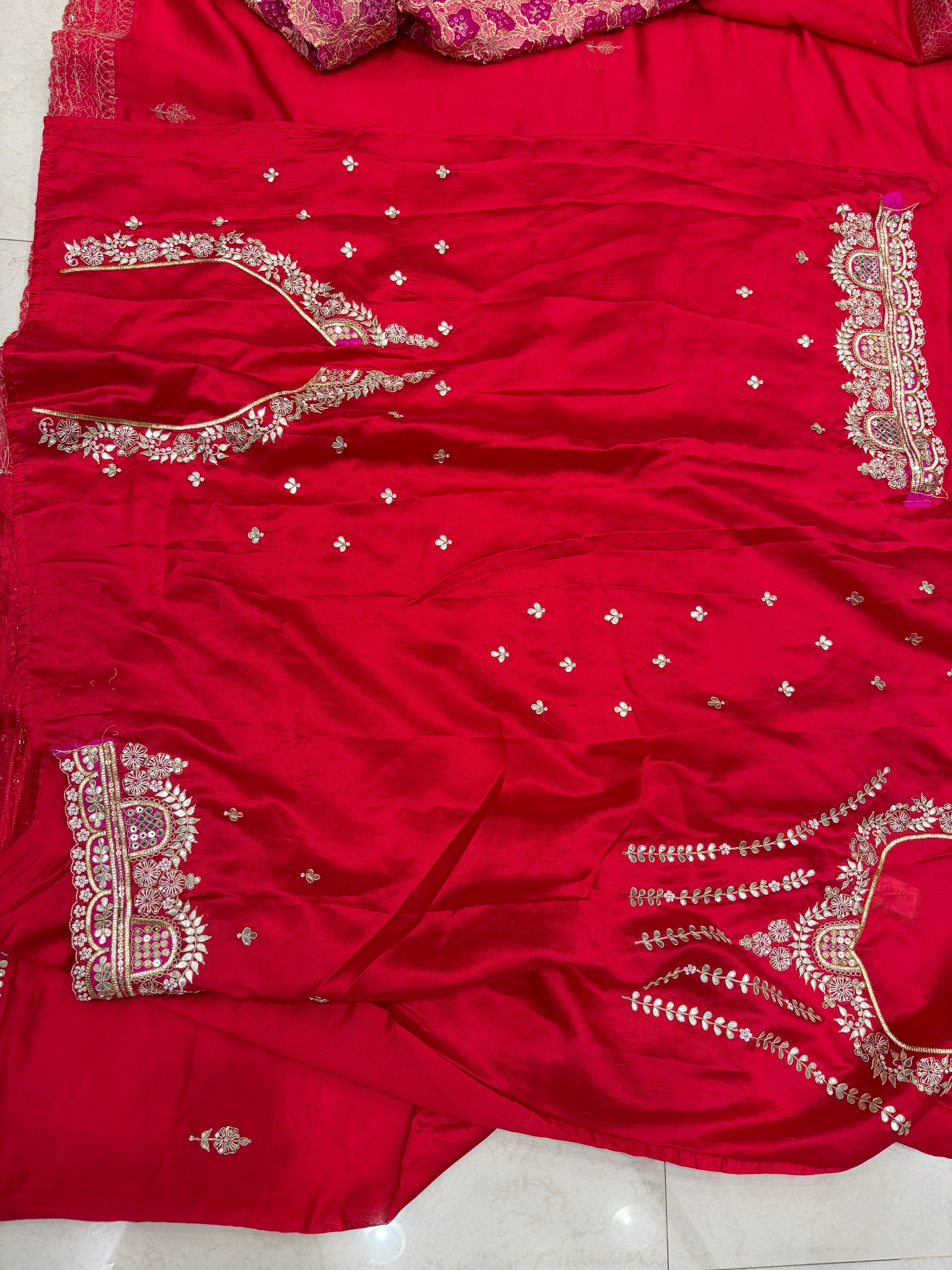 Red with Rani Pink Pure Silk Bandhej Marodi Hand Embroidery Saree