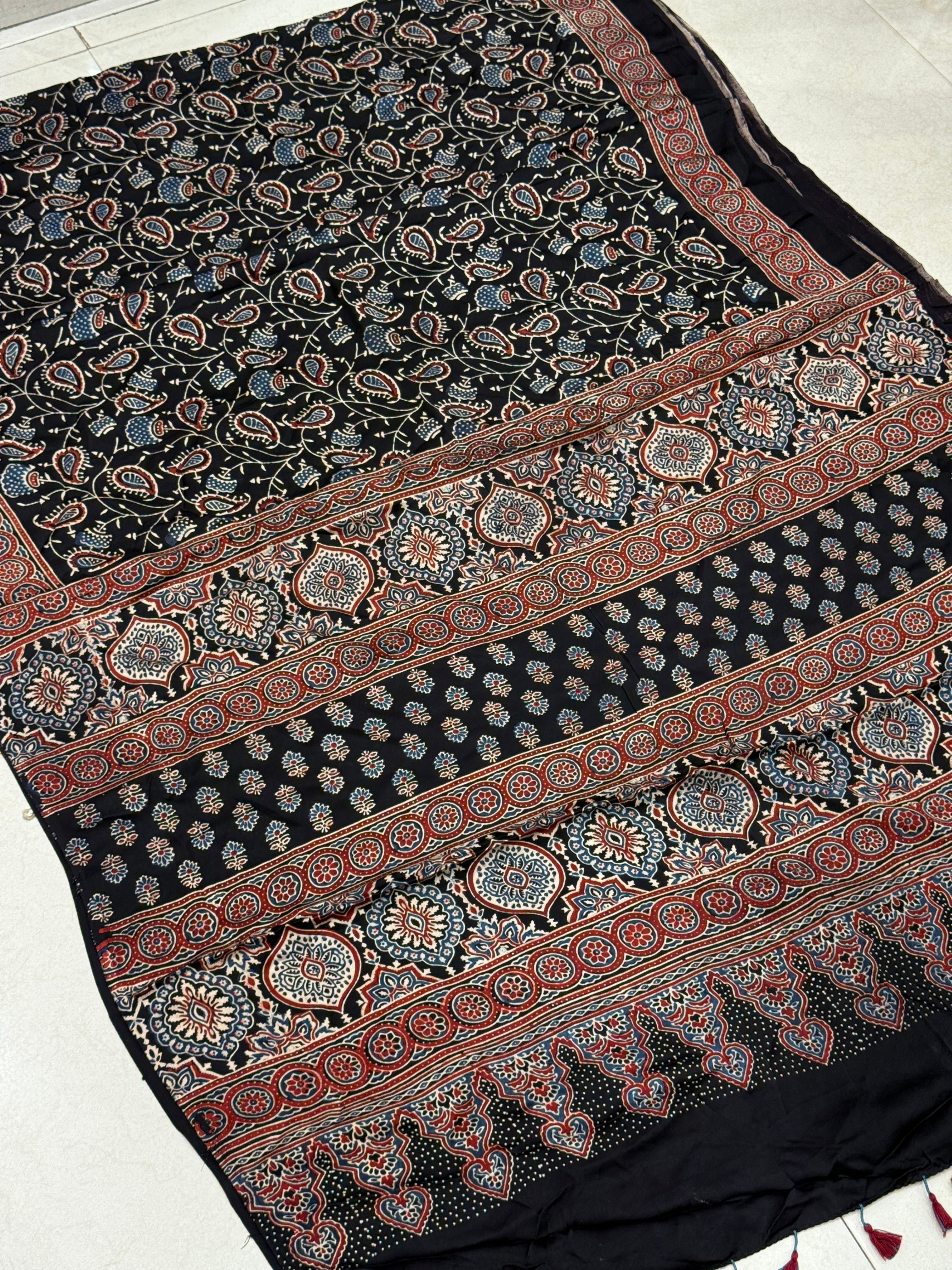 Black Keari Jaal Ajrakh Hand Block Print Pure Gajji Silk Saree