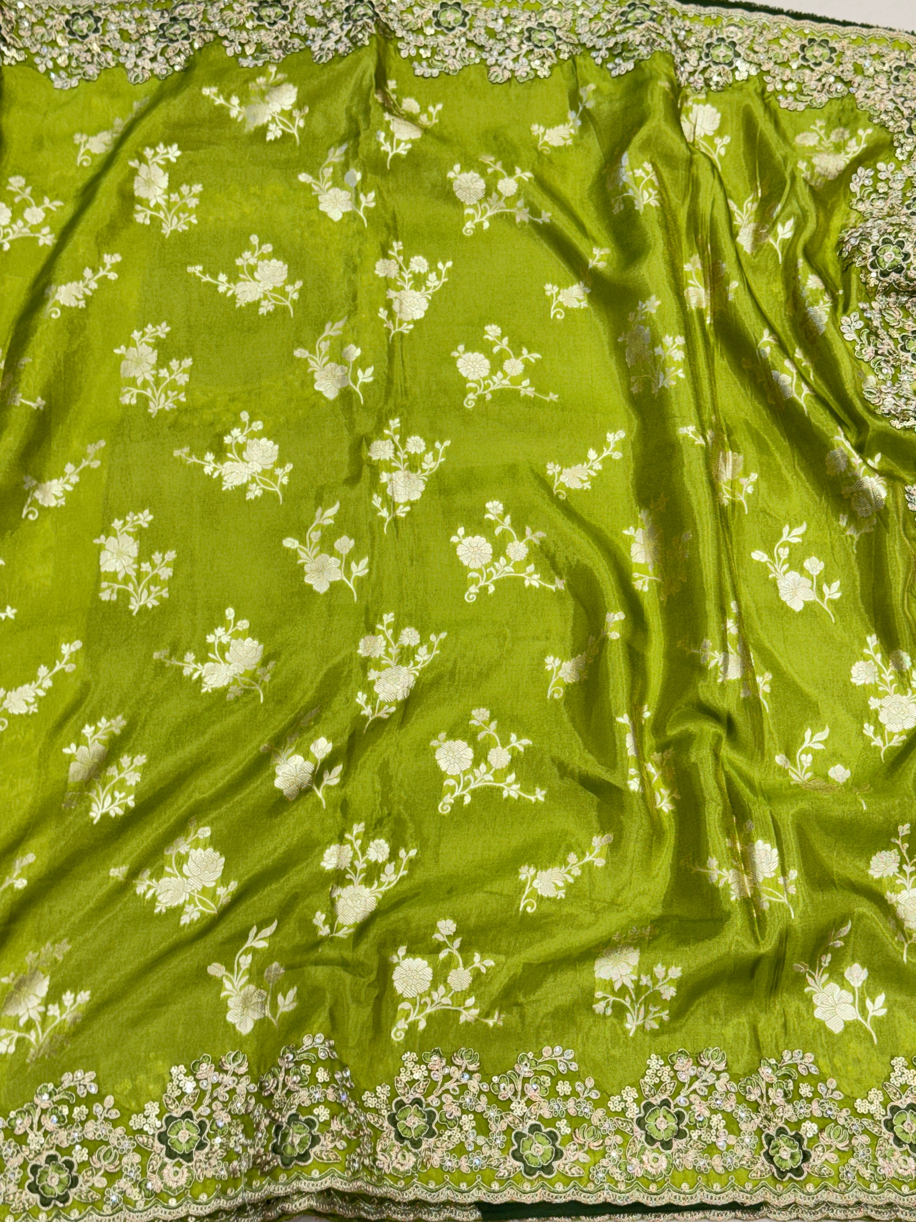Green Crepe Tissue Embroidery Saree