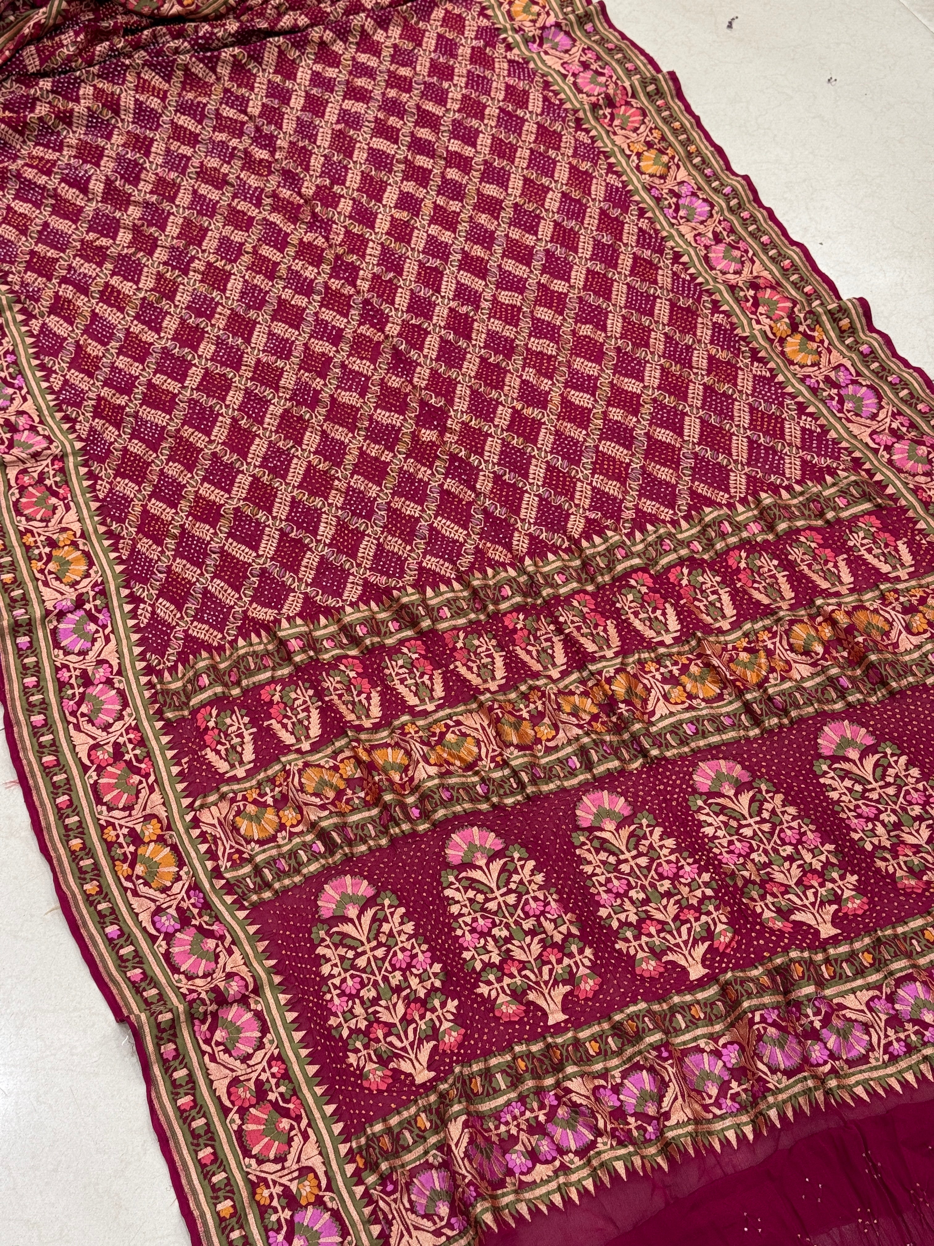 Wine Meenakari Rai Bandhej Floral Border Saree