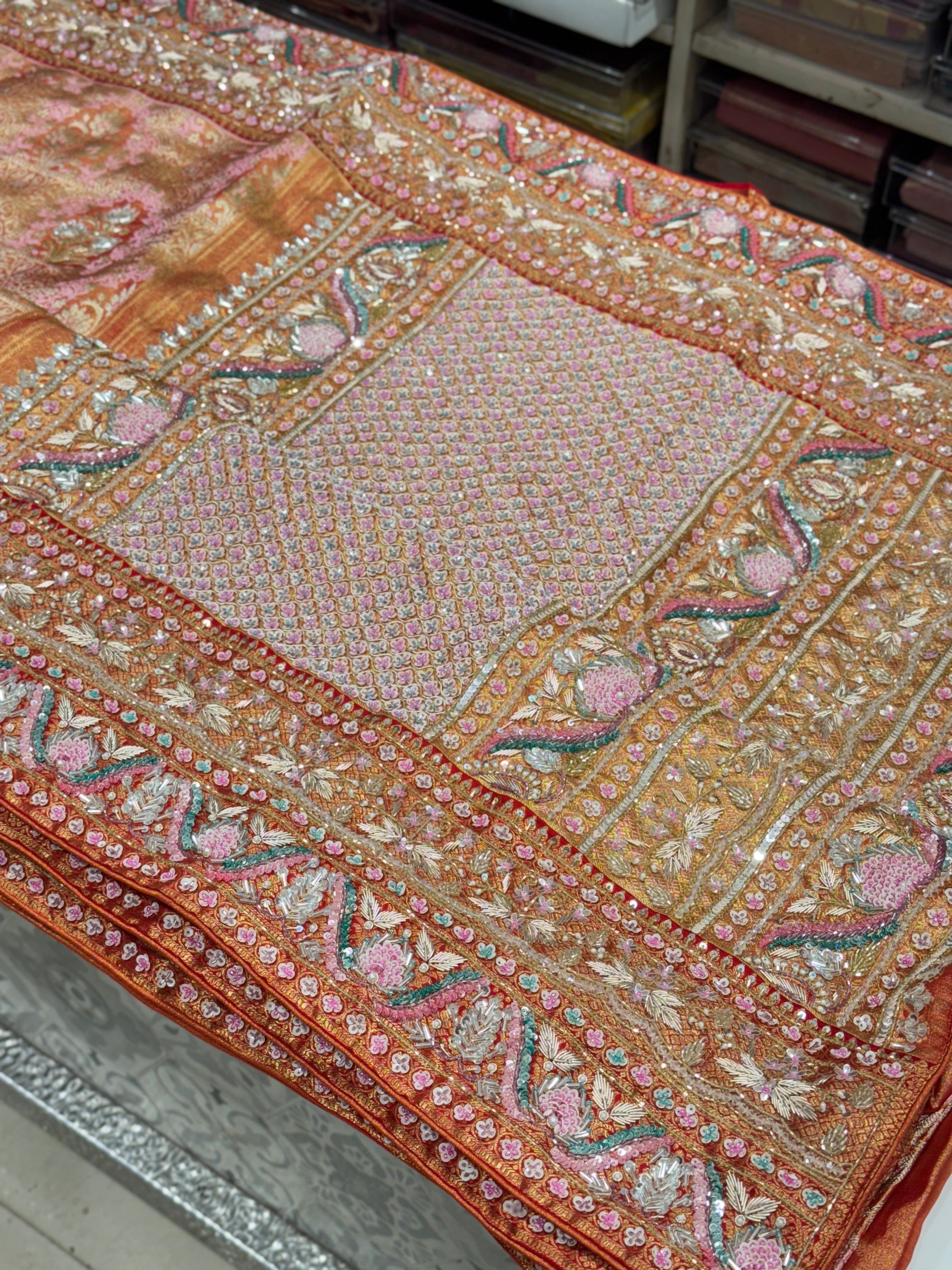 Pink Red Jaal Tissue Kanjivaram Hand Embroidery Saree