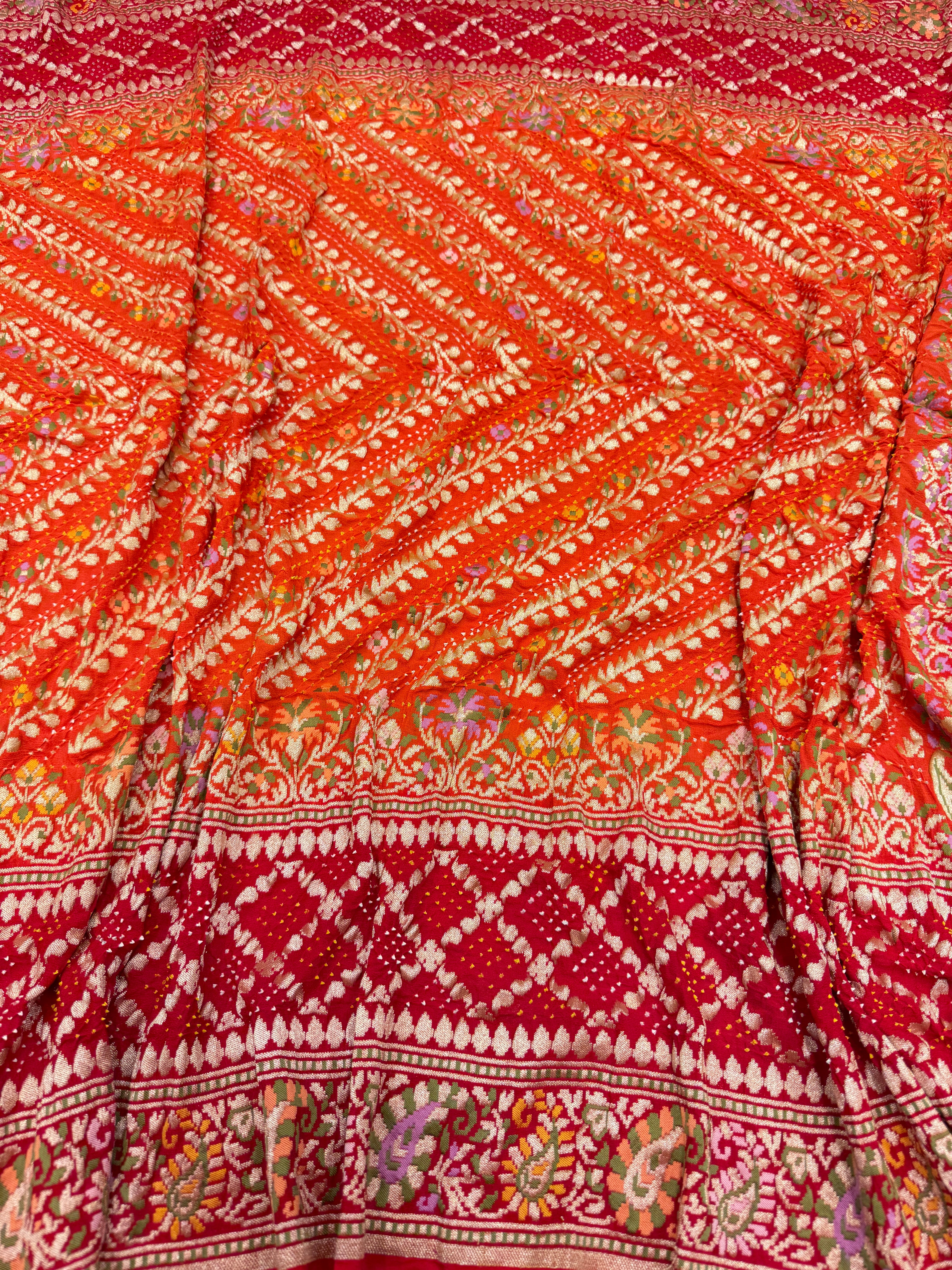 Orange Red Double Border Meenakari Rai Bandhej Georgette Bandhini Saree